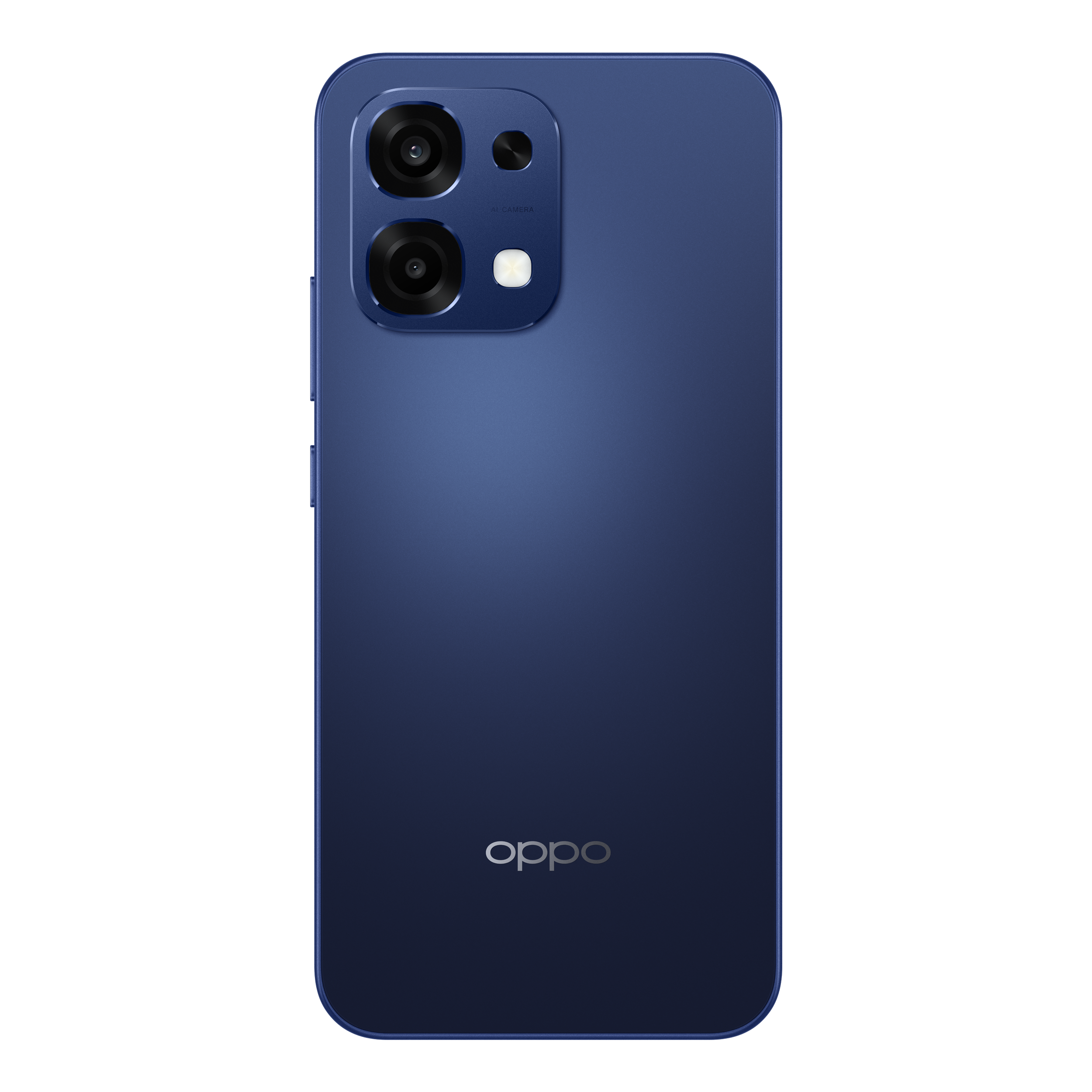 A blue Oppo phone back. It has two camera lenses, a flash, and the Oppo logo.