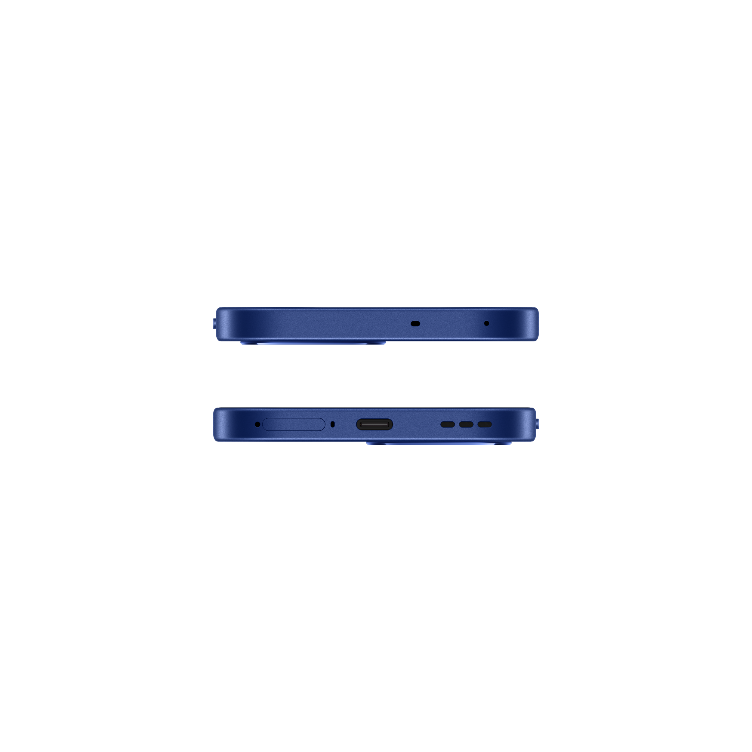 Two blue smartphones, top and bottom views, showing ports and buttons. White background.
