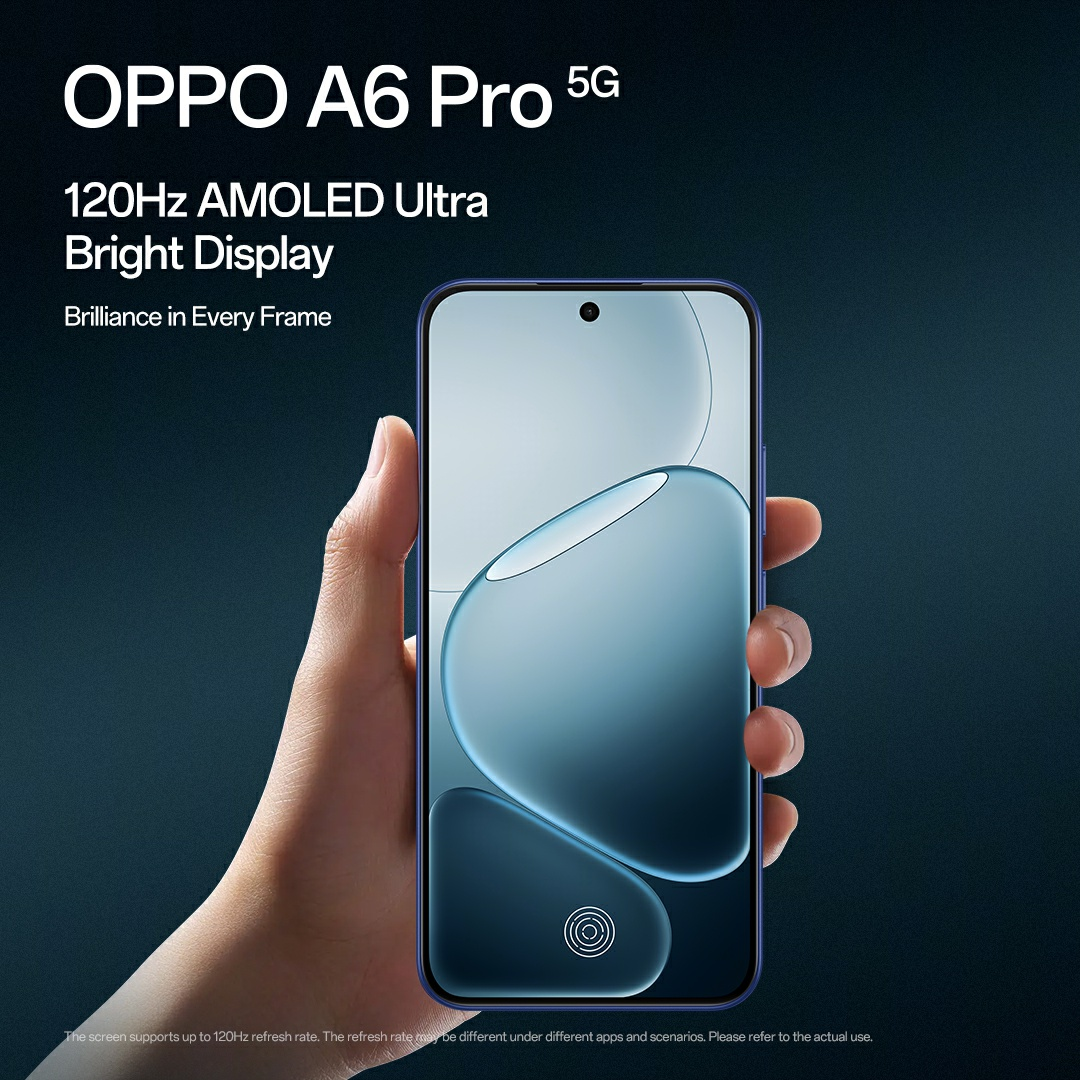 A hand holds an OPPO A6 Pro 5G phone. The screen displays abstract blue shapes. Text highlights its AMOLED display.