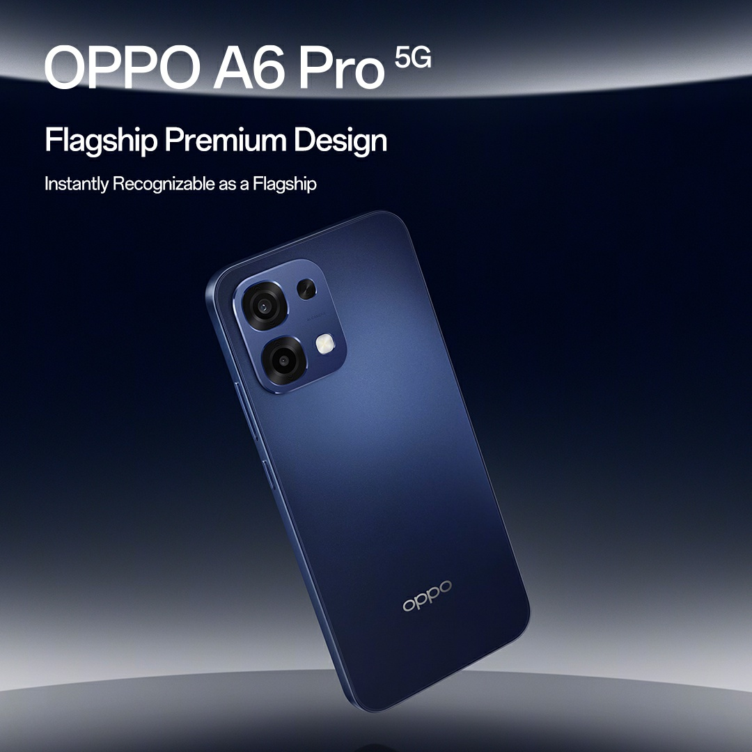 A navy blue Oppo A6 Pro 5G phone is displayed. The phone has a dual-camera setup. The background is a gradient navy blue.
