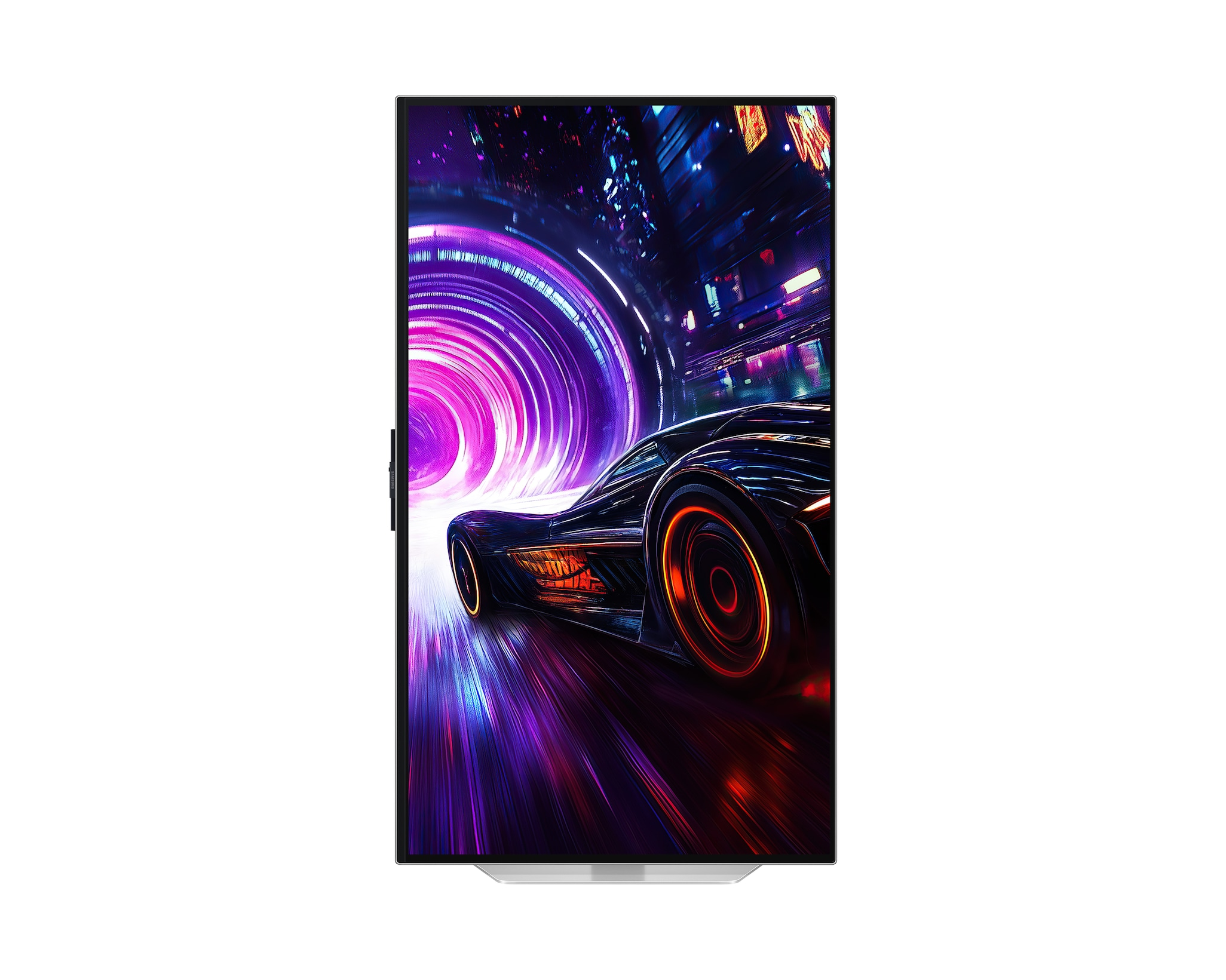 Czarny samochód pędzi przez neonowy tunel na monitorze. Samochód ma pomarańczowe, świecące koła i światła.