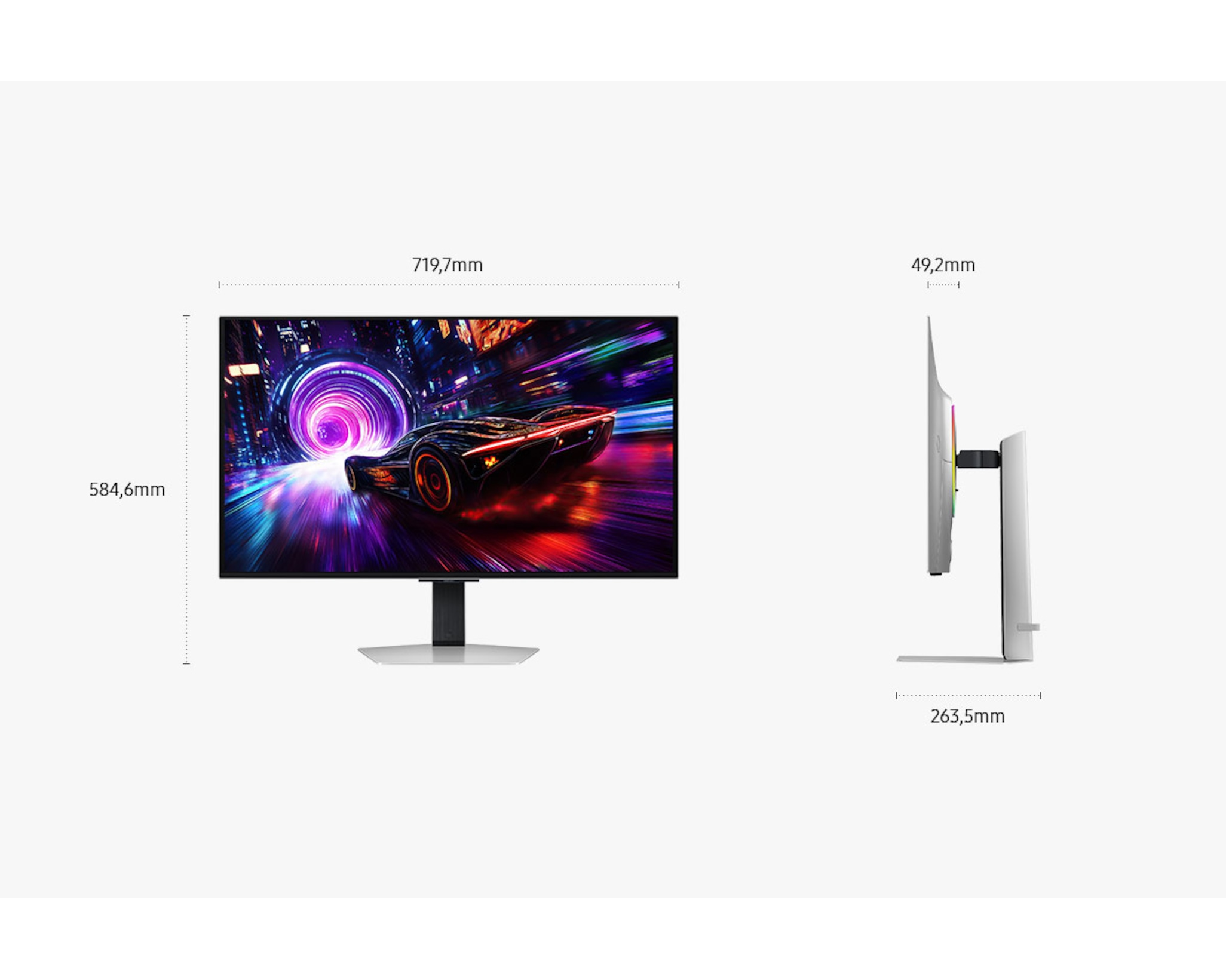 Monitor con schermo di auto da corsa, la vista laterale mostra le dimensioni. Display con dimensioni e sfondo chiaro.