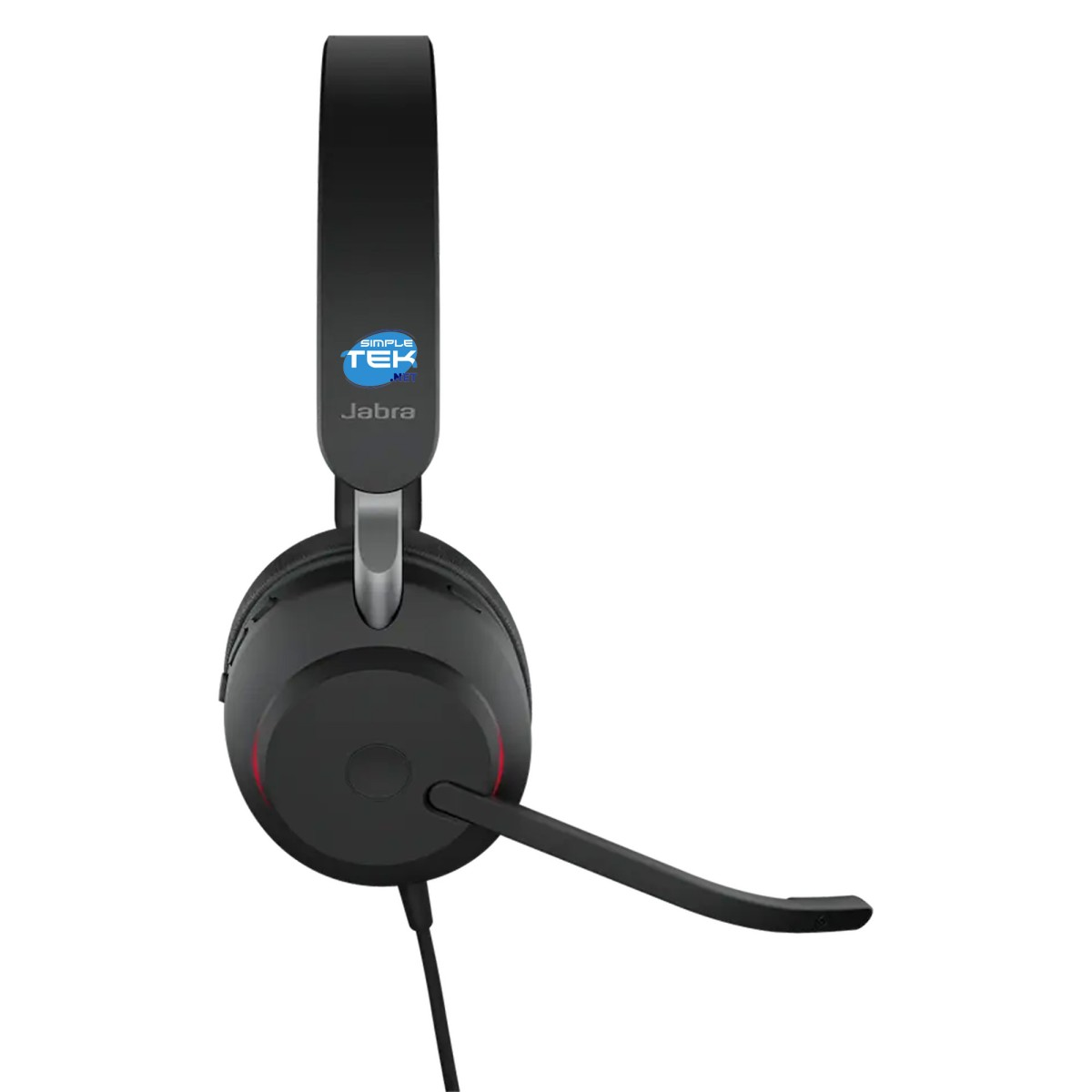 Czarny zestaw słuchawkowy Jabra z mikrofonem. Ma logo Simple Tek i srebrne akcenty. Kabel jest czarny.