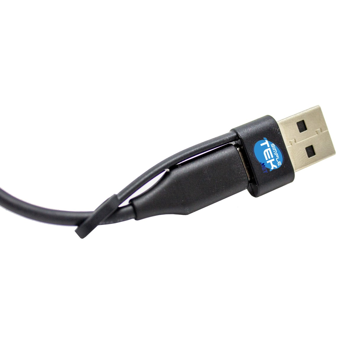 Czarny kabel USB ze złączem USB po prawej stronie. Kabel ma logo Simple Tek.