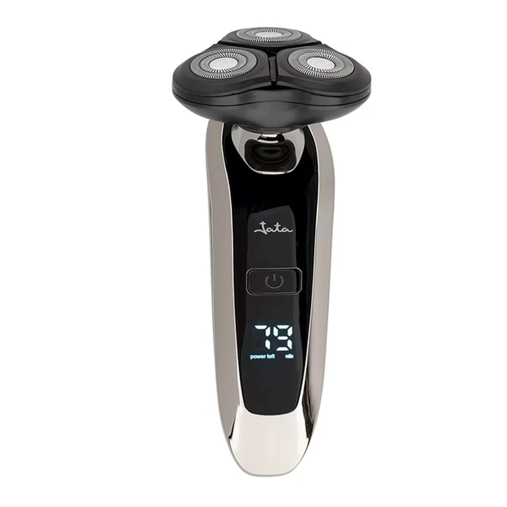 Elektryczna golarka z trzema obrotowymi głowicami. Rękojeść jest srebrna i czarna, z cyfrowym wyświetlaczem pokazującym żywotność baterii.