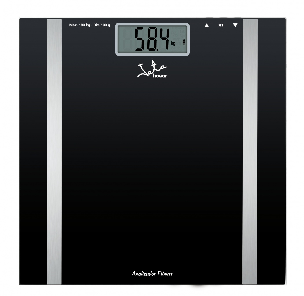 Cyfrowa waga łazienkowa pokazuje 58,4 kg. Jest czarna ze srebrnymi akcentami i marką 'Jata'. Tekst 'Analizador Fitness' znajduje się poniżej.