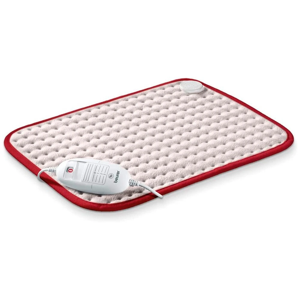 Un cuscinetto riscaldante rettangolare bianco con bordo rosso. Ha un pannello di controllo e un cavo bianco. Lo sfondo è bianco.