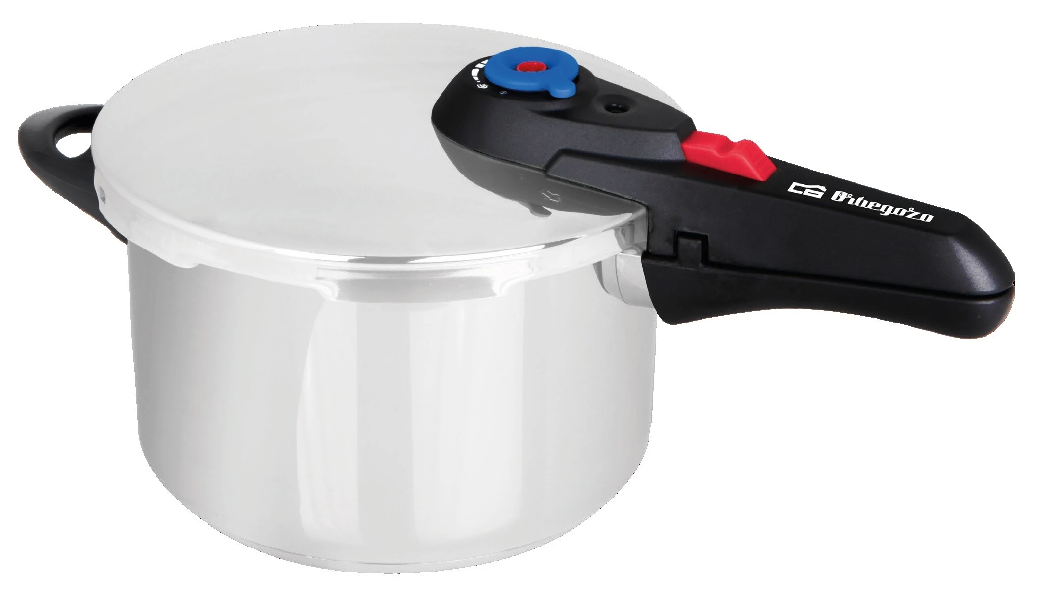 Srebrny szybkowar z czarnym uchwytem i pokrywką. Ma niebieski i czerwony zawór na górze.