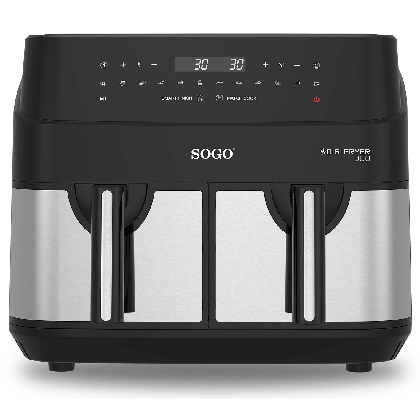 Una friggitrice ad aria doppia SOGO Digi Fryer Duo nera e argento. Ha due scomparti, display digitale e pannello comandi.