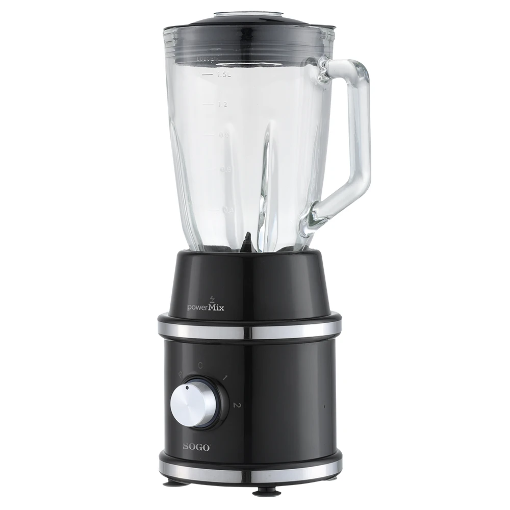 Una licuadora SOGO PowerMix negra y plateada. Tiene un vaso de vidrio con asa y una tapa negra. La base tiene un dial.