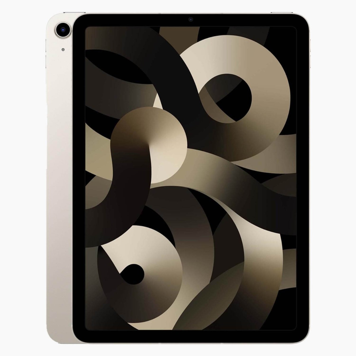 Een lichtbeige iPad Air met zwarte rand en een scherm met een zwart en beige abstract ontwerp. De camera is zichtbaar.