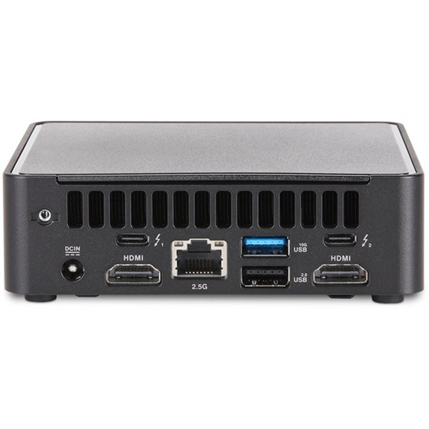 Mały czarny komputer z kilkoma widocznymi portami. Zawiera HDMI, USB, ethernet i wejście zasilania.