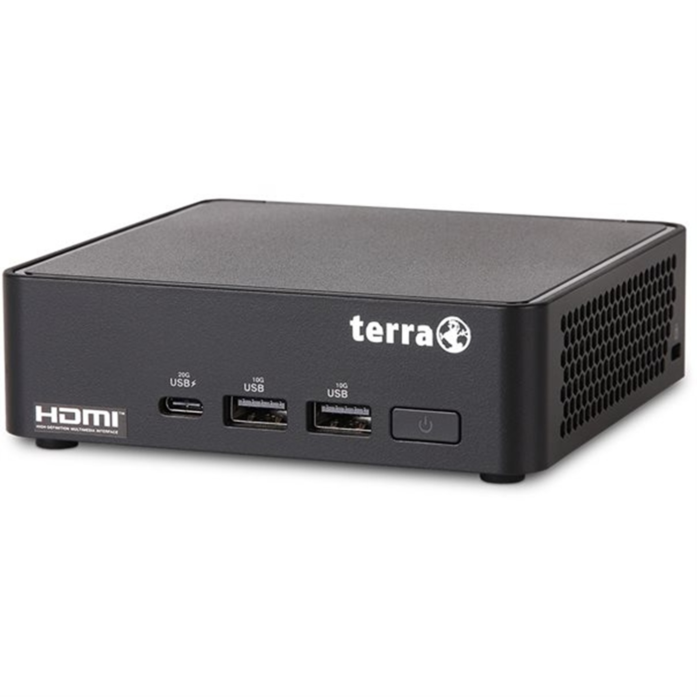 Czarny mini PC Terra z portami HDMI i USB. Ma przycisk zasilania i wentylację z boku. Logo jest widoczne.