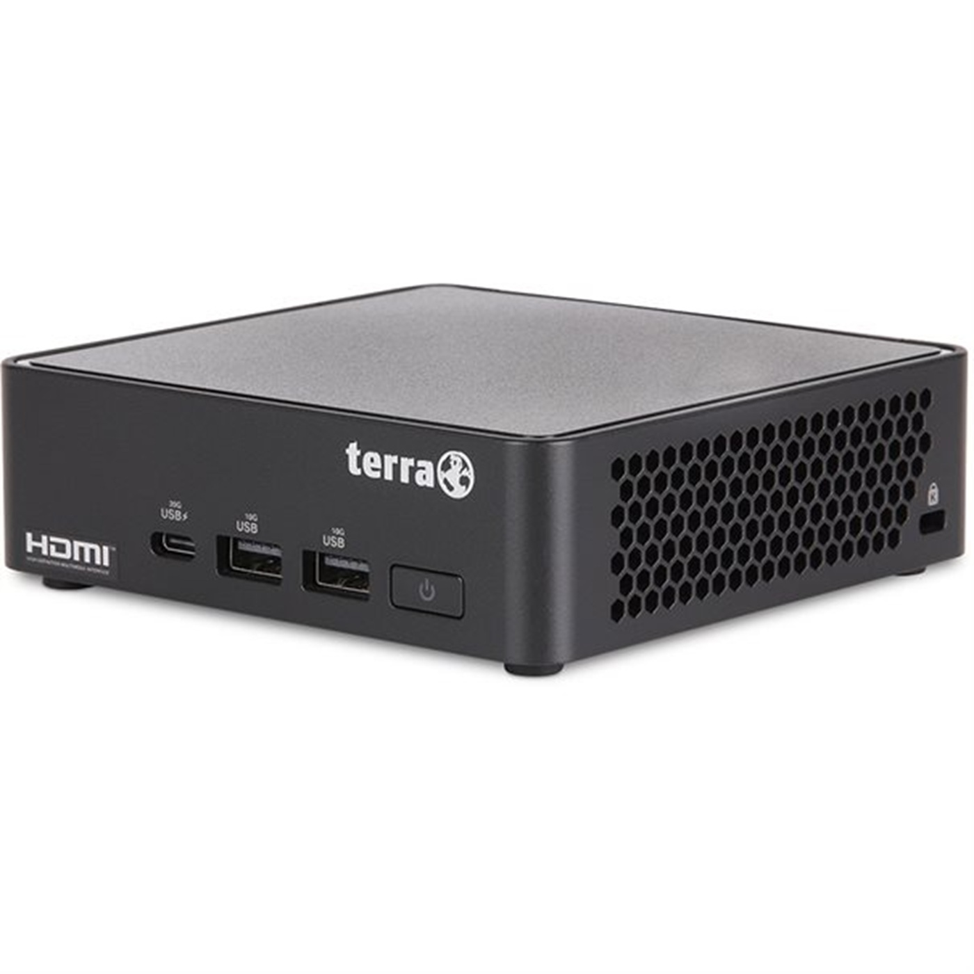 Czarny mini PC Terra. Ma porty HDMI i USB. Przycisk zasilania znajduje się z przodu. Z boku znajdują się otwory wentylacyjne.
