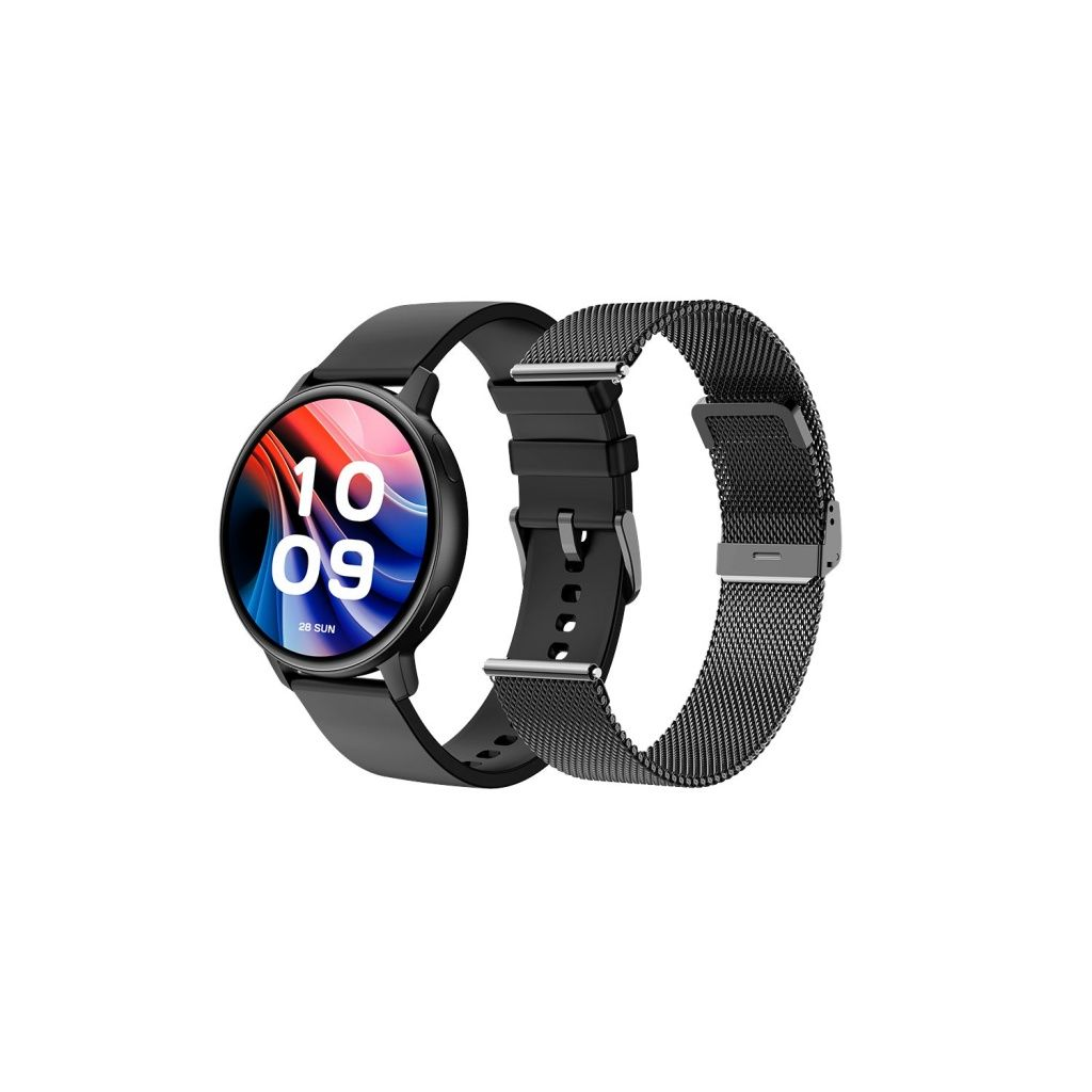 Uno smartwatch nero con cinturino in maglia metallica. Il quadrante mostra l'ora, 10:09. Lo sfondo è bianco.