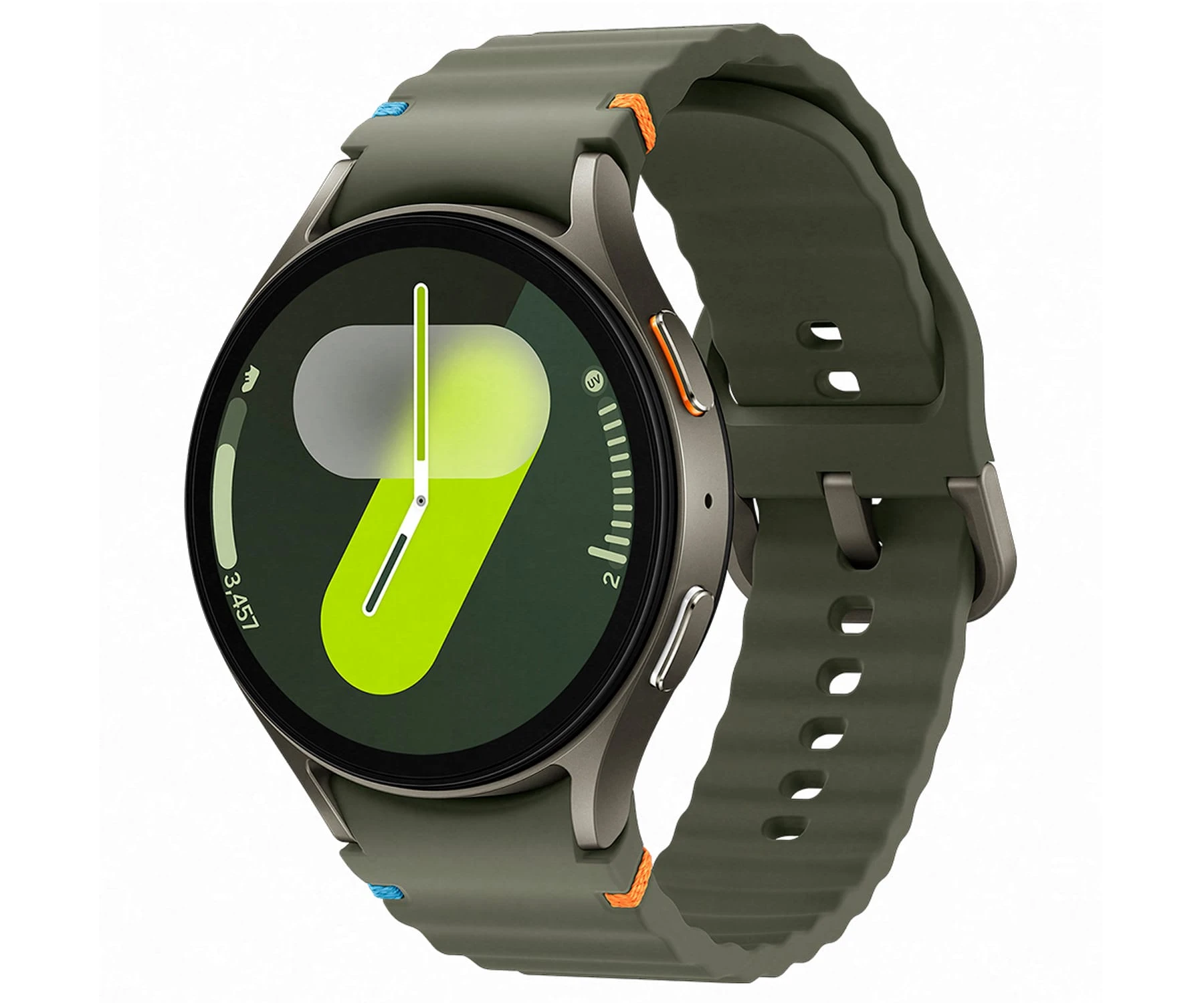 Een groene smartwatch met een zwarte rand. De wijzerplaat toont witte en groene gegevens. De band is groen met oranje en blauwe accenten.