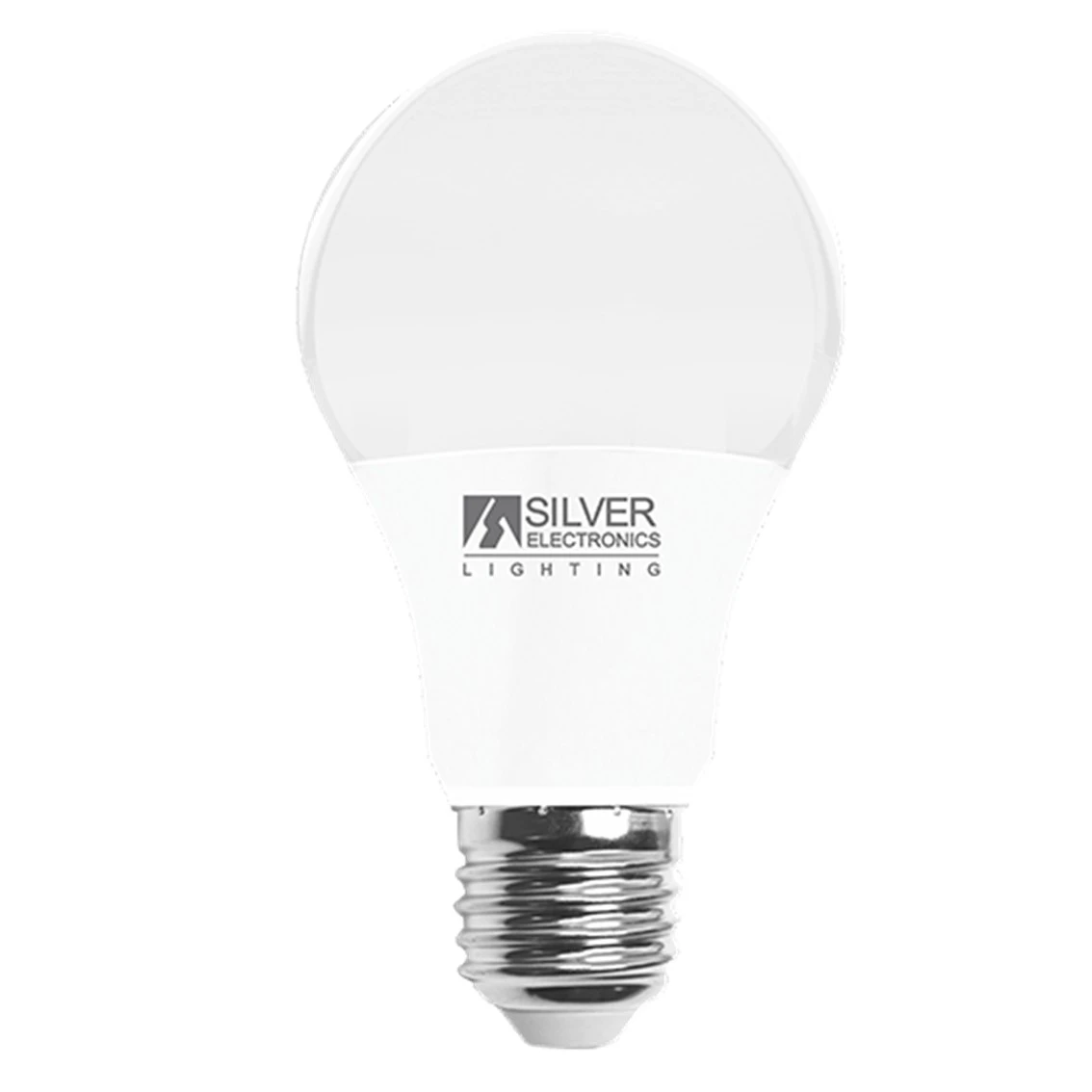 Una lampadina LED bianca con base argentata. La lampadina ha il logo 'Silver Electronics Lighting'.