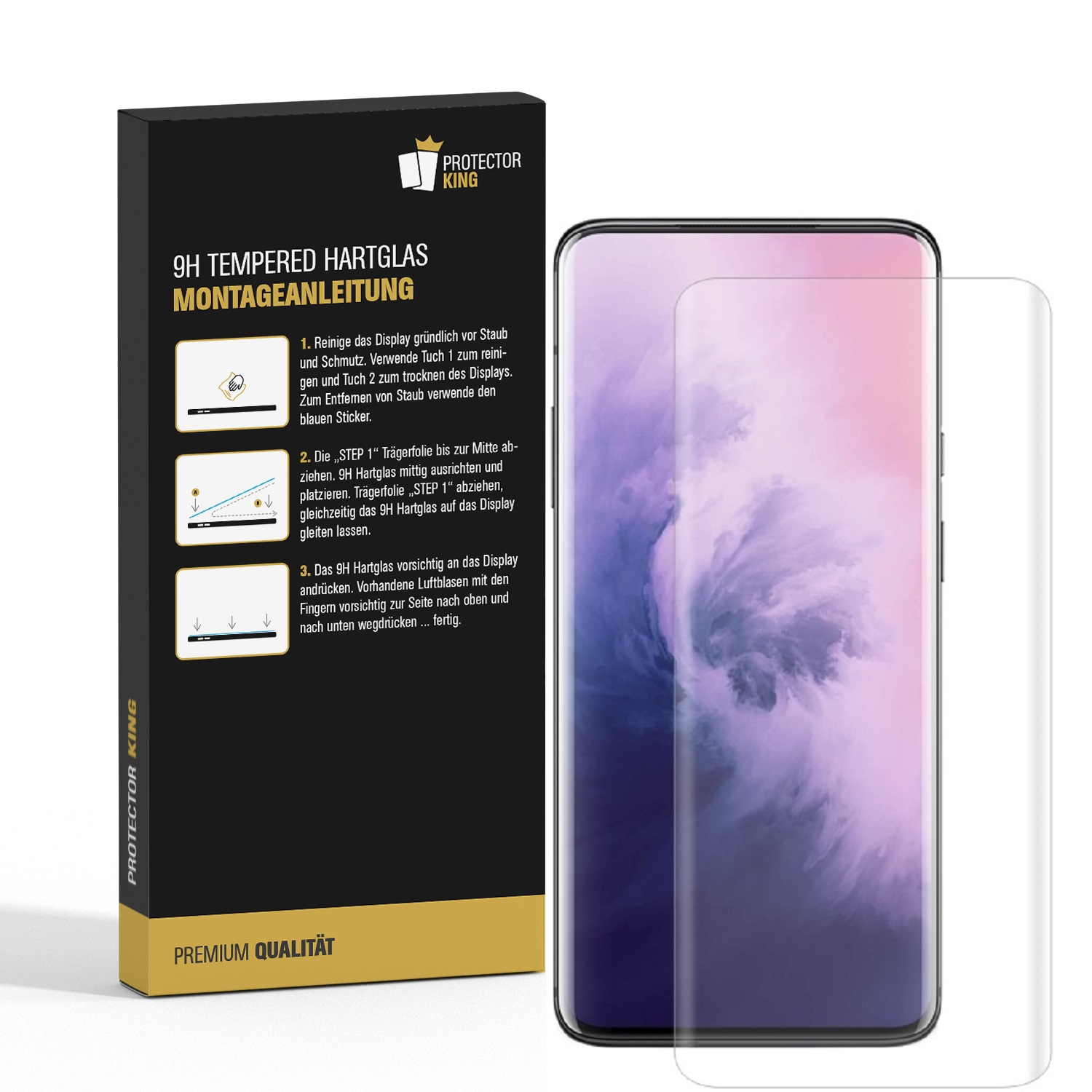 Eine Displayschutzfolie mit Anweisungen. Der Schutz wird auf einem Telefon mit rosa und weißem Hintergrund platziert.