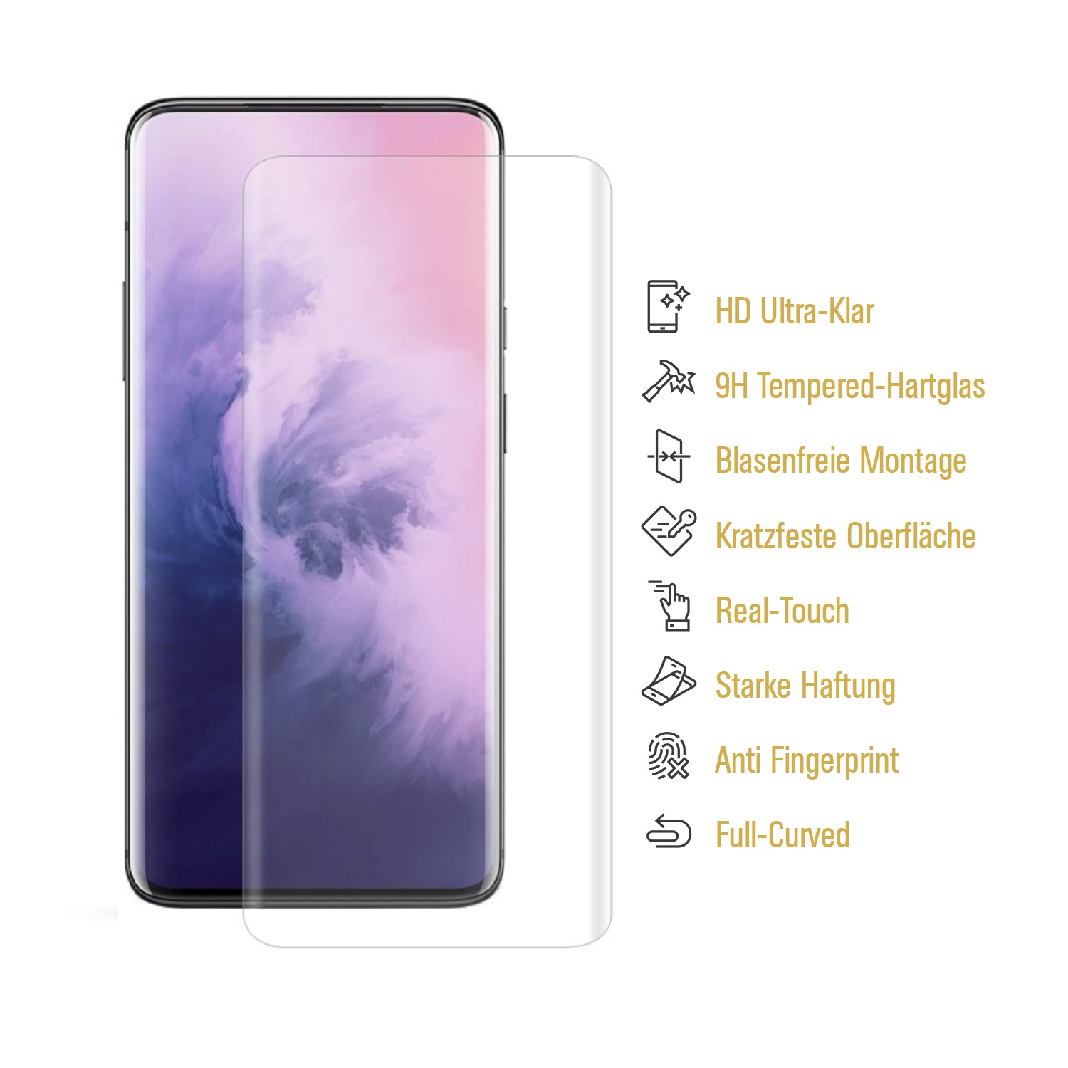 Ein Smartphone mit aufgebrachter Displayschutzfolie. Merkmale sind HD-Klarheit, gehärtetes Glas, blasenfreie Installation und Anti-Fingerabdruck.