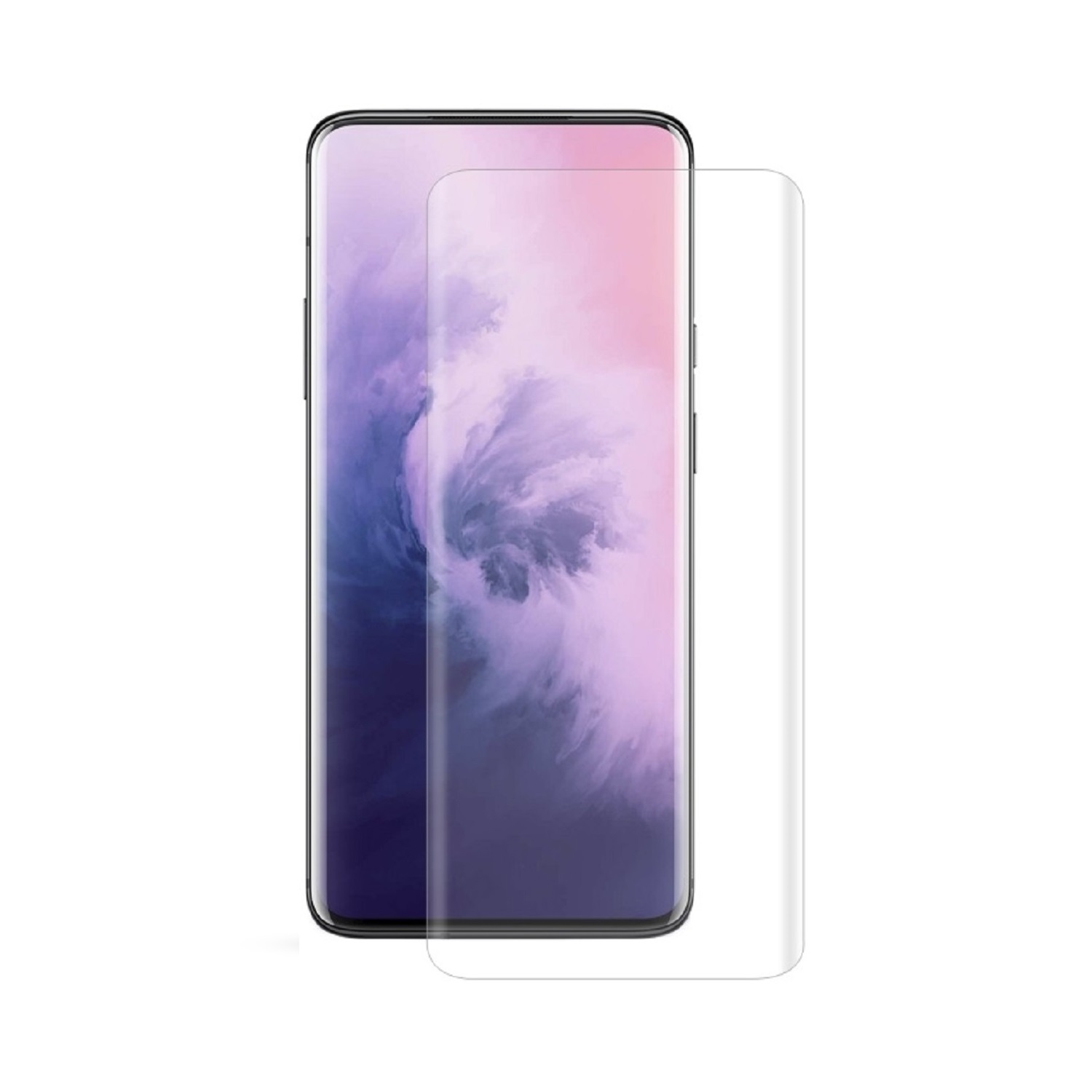 Ein Smartphone mit Displayschutzfolie wird angezeigt. Das Telefon zeigt einen lila-rosa Farbverlauf. Daneben ist ein klarer Glasschutz.