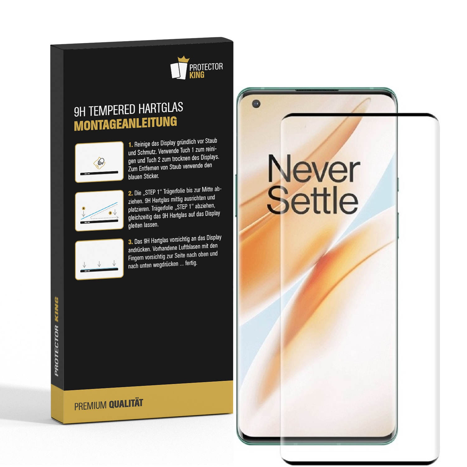 Ein Telefon mit Displayschutzfolie und eine Box mit Anweisungen. Der Telefonbildschirm zeigt 'Never Settle'.