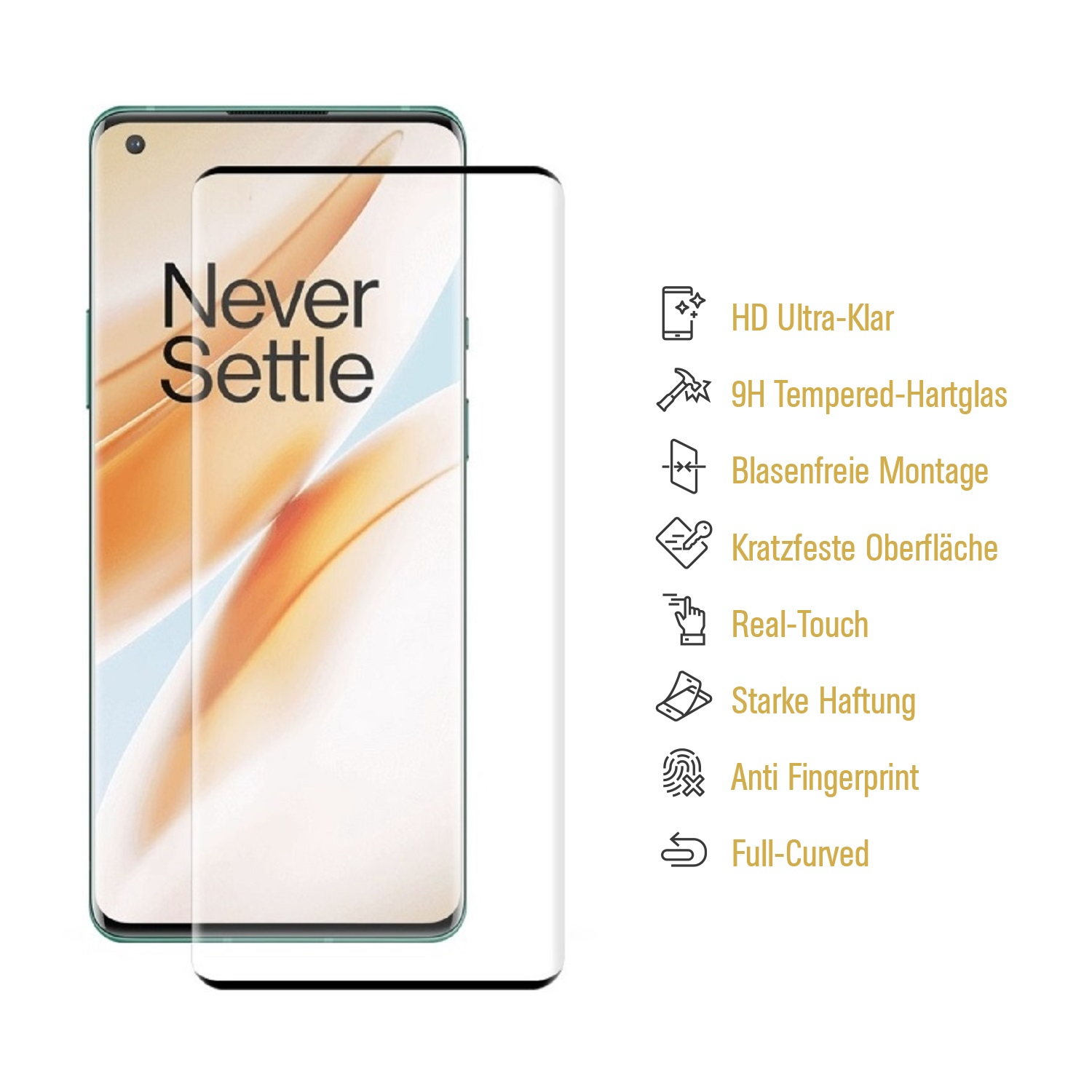 Ein Telefon mit Displayschutzfolie. Auf dem Telefon steht 'Never Settle'. Funktionen sind auf der rechten Seite des Bildes aufgelistet.