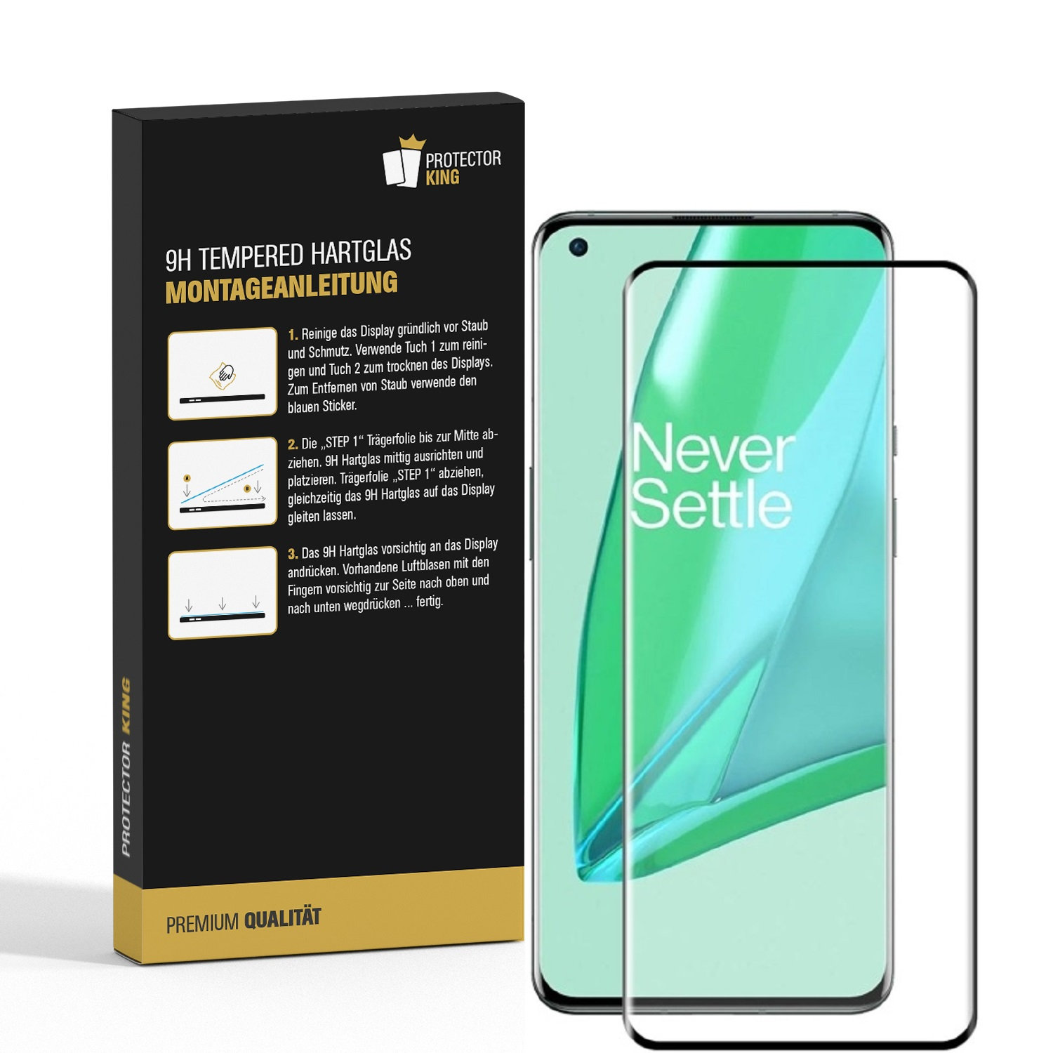 Ein Telefon mit Displayschutzfolie und einer Produktverpackung. Das Telefon zeigt ein farbenfrohes Bild, die Box Anweisungen.