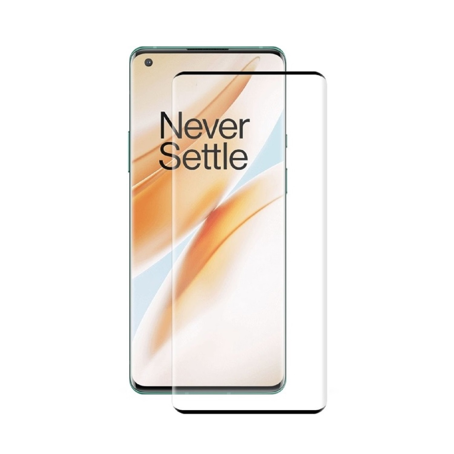 Ein Smartphone mit einer Displayschutzfolie. Auf dem Telefon steht 'Never Settle'. Beide befinden sich auf weißem Hintergrund.
