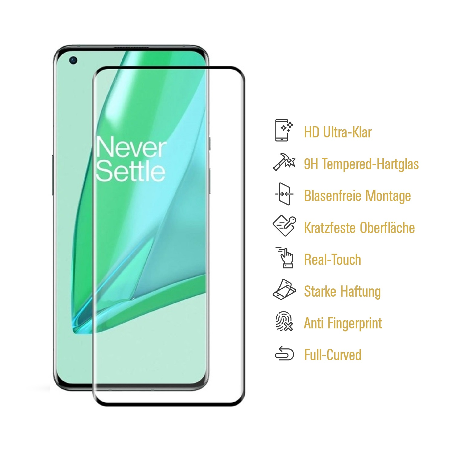Smartphone mit Displayschutz. Text: „Never Settle“. Merkmale: HD, 9H Hartglas, blasenfrei, kratzfest, Real-Touch.