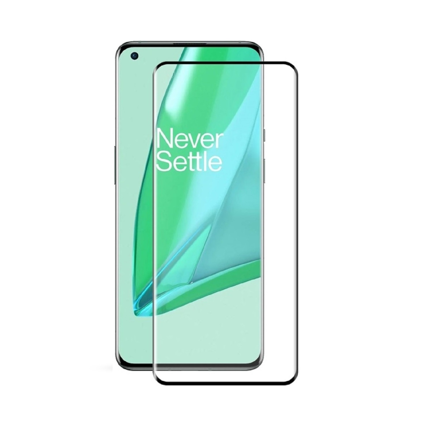 Ein Smartphone mit Displayschutzfolie. Das Telefon ist grün mit den Worten "Never Settle". Der Schutz hat einen schwarzen Rand.