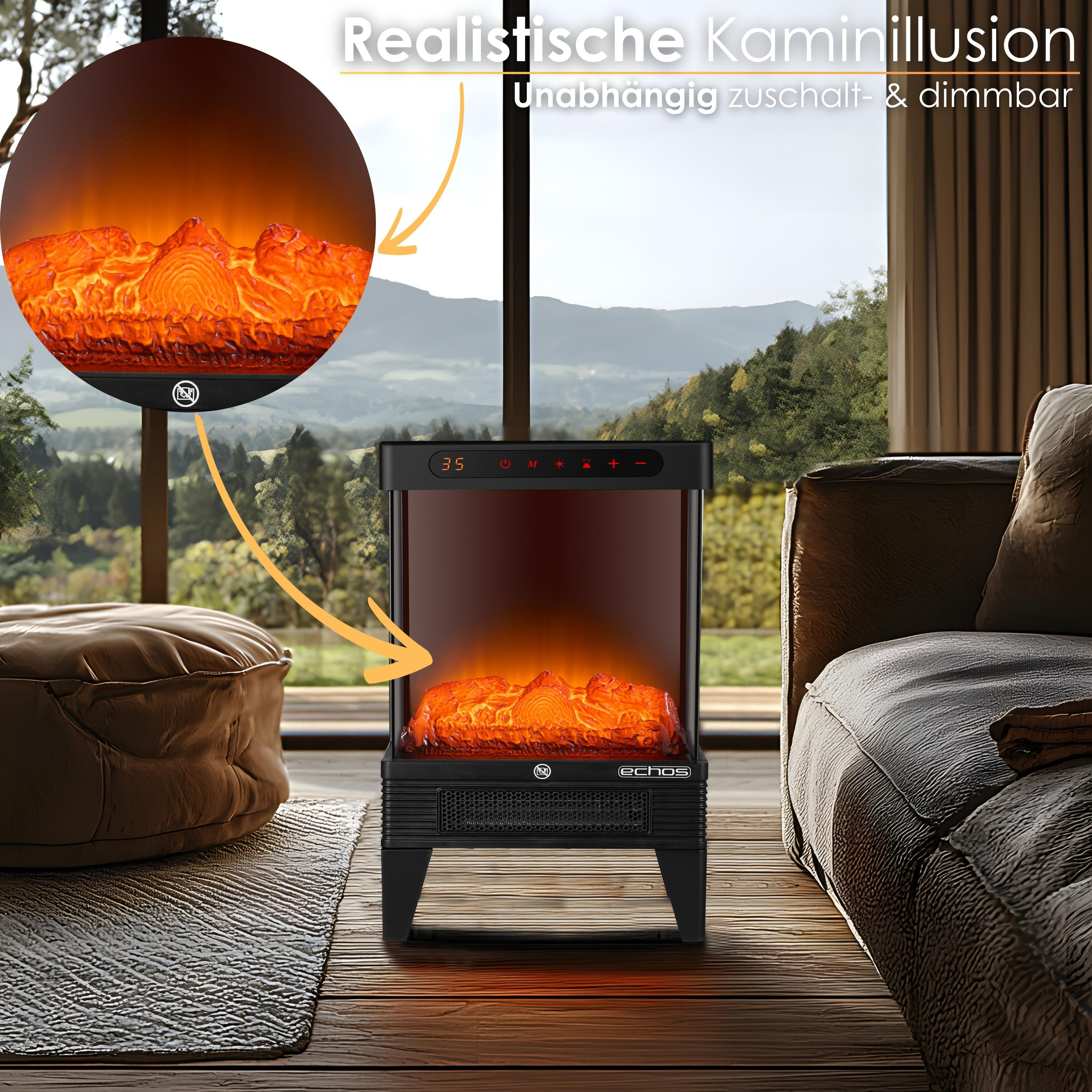Ein elektrischer Kamin mit realistischer Flammeneffekt steht auf Holzboden. Sofa und Fenster im Hintergrund.