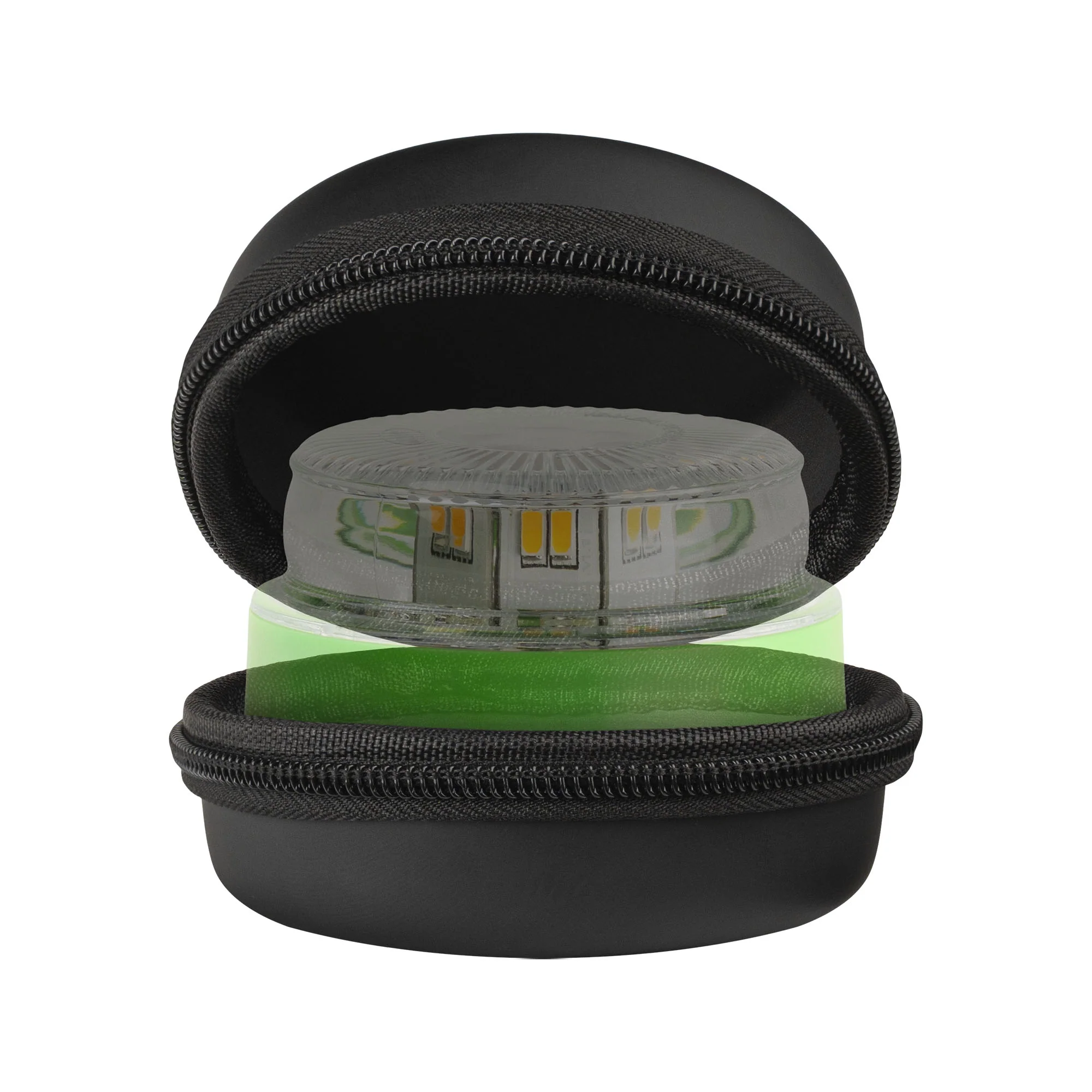 Un estuche negro con cremallera está abierto, revelando un dispositivo. El dispositivo es transparente con luces amarillas y una base verde.