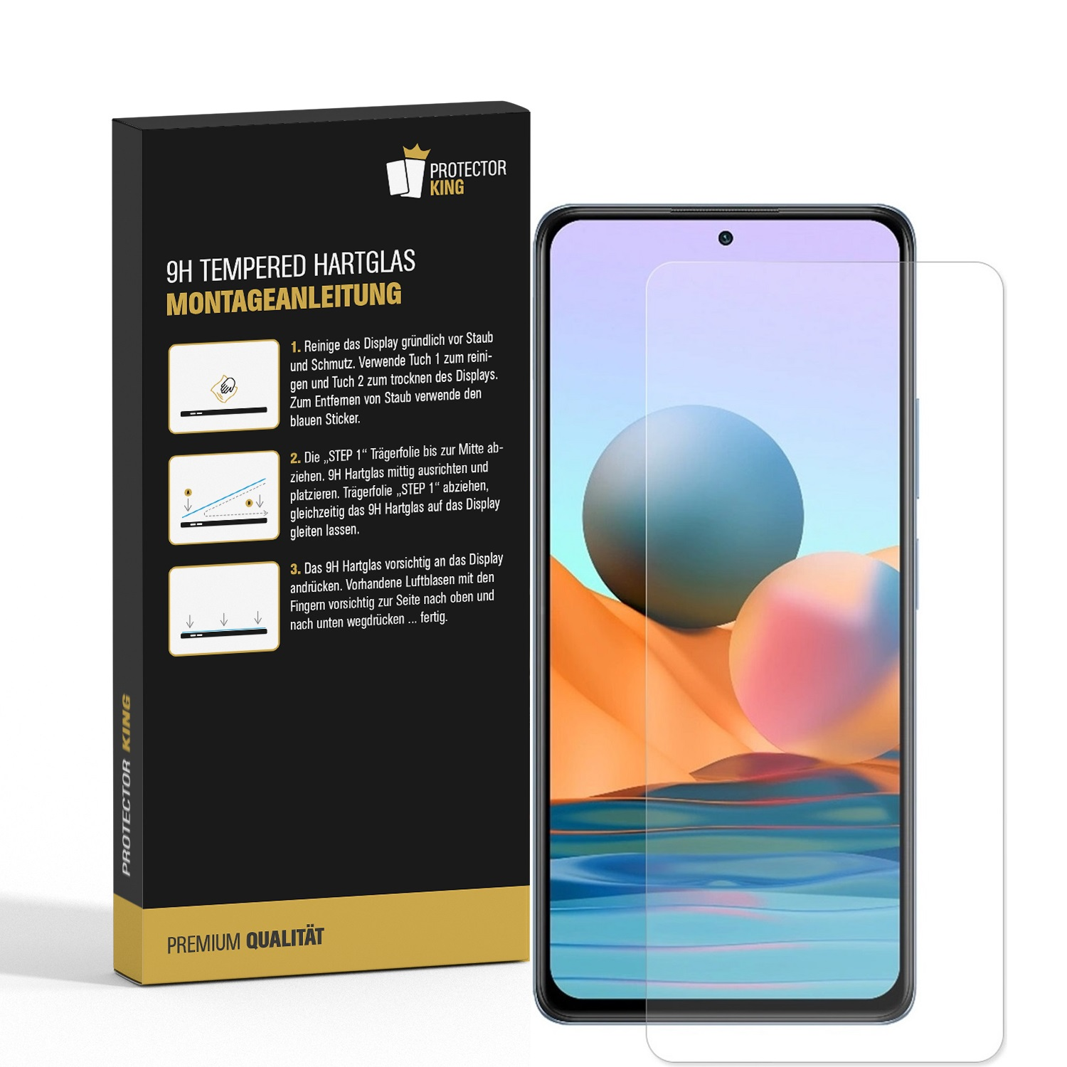 Eine Displayschutzfolie mit Anweisungen und einem Telefon. Der Bildschirm zeigt bunte Kugeln. Die Box zeigt Einrichtungsschritte.