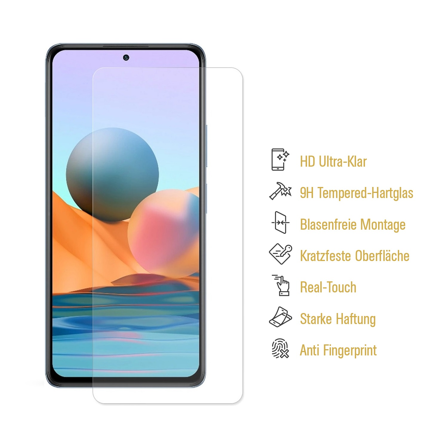 Ein Telefon mit Displayschutzfolie. Das Telefon zeigt einen blauen und rosa Ball. Text zeigt Funktionen wie HD, gehärtetes Glas und Anti-Fingerprint.