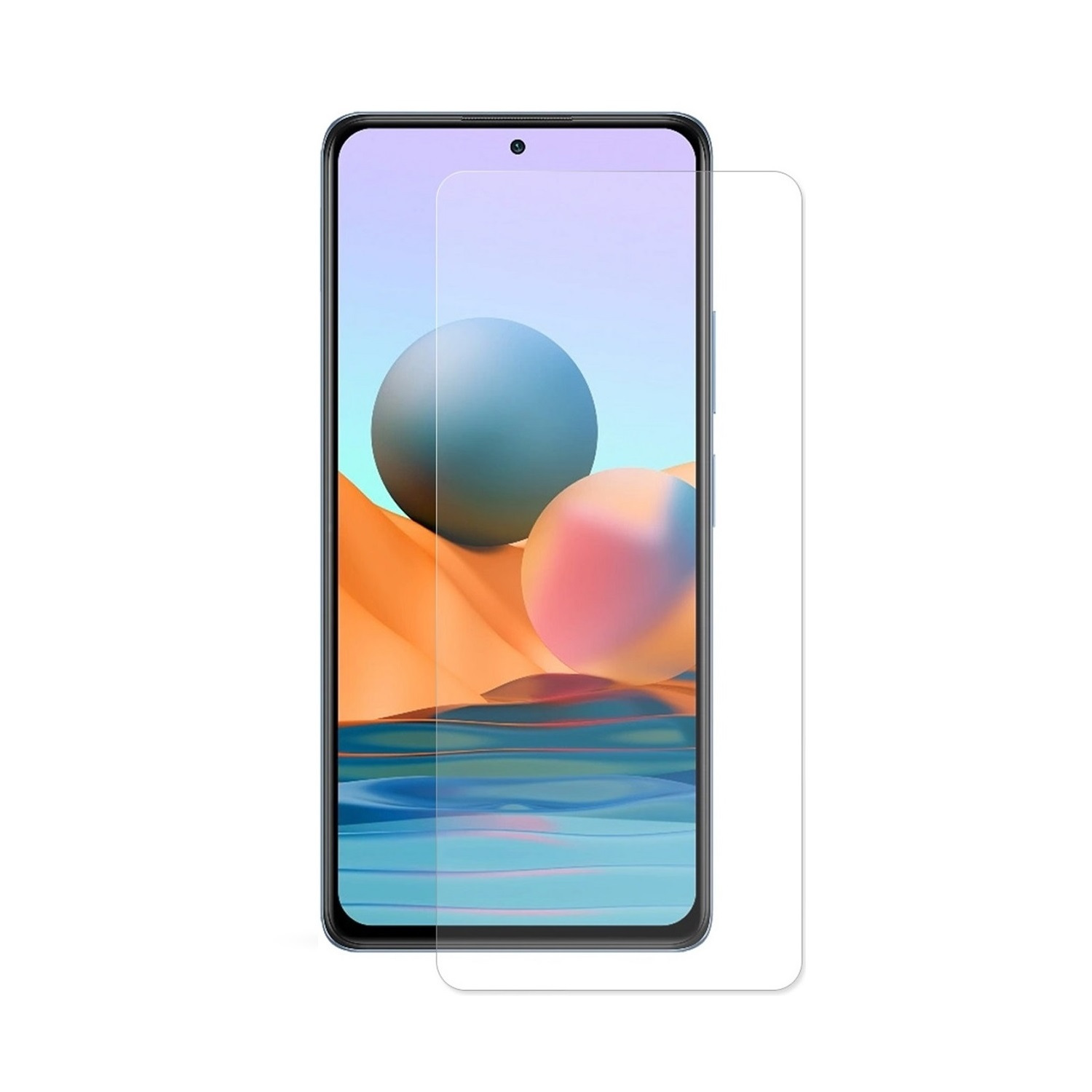 Ein Smartphone mit angebrachter Displayschutzfolie. Der Bildschirm zeigt abstrakte Kunst mit zwei Kugeln. Der Schutz ist transparent.