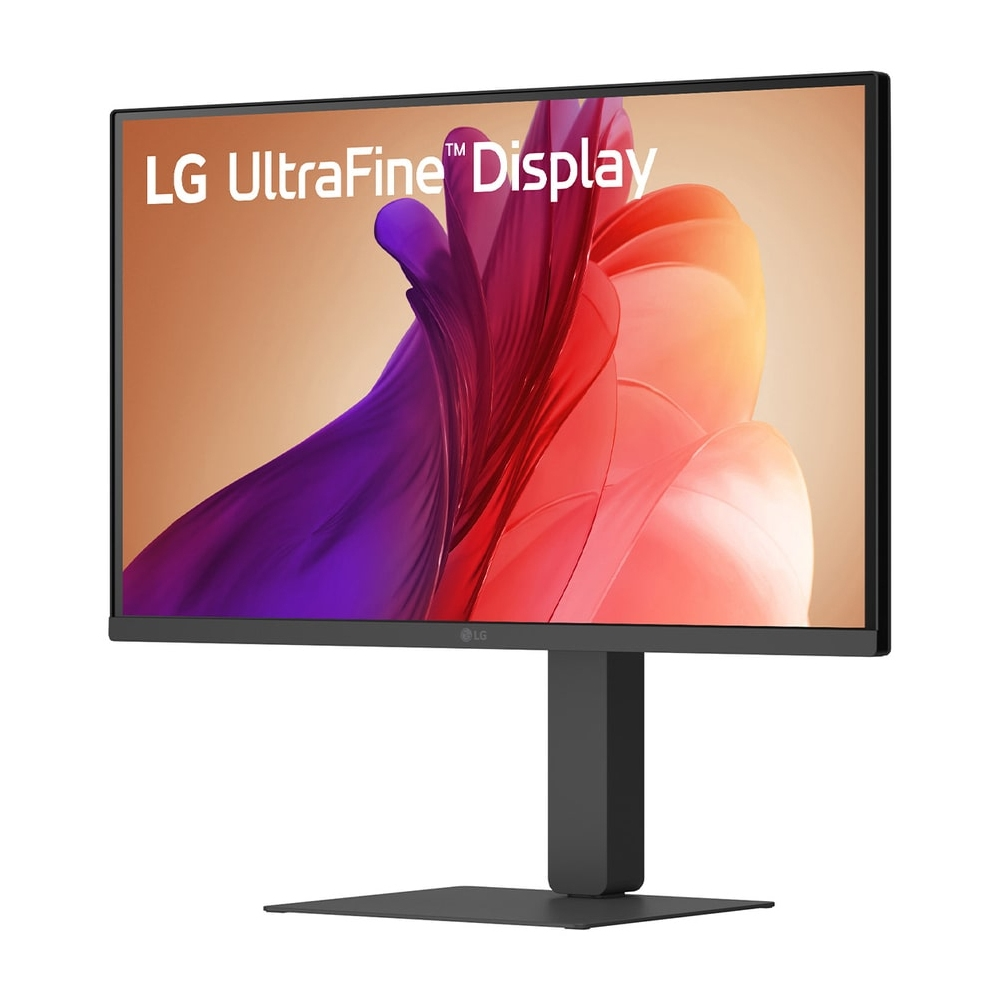 Monitor LG UltraFine Display. Ekran wyświetla kolorowy, abstrakcyjny wzór. Monitor jest czarny z czarną podstawą.