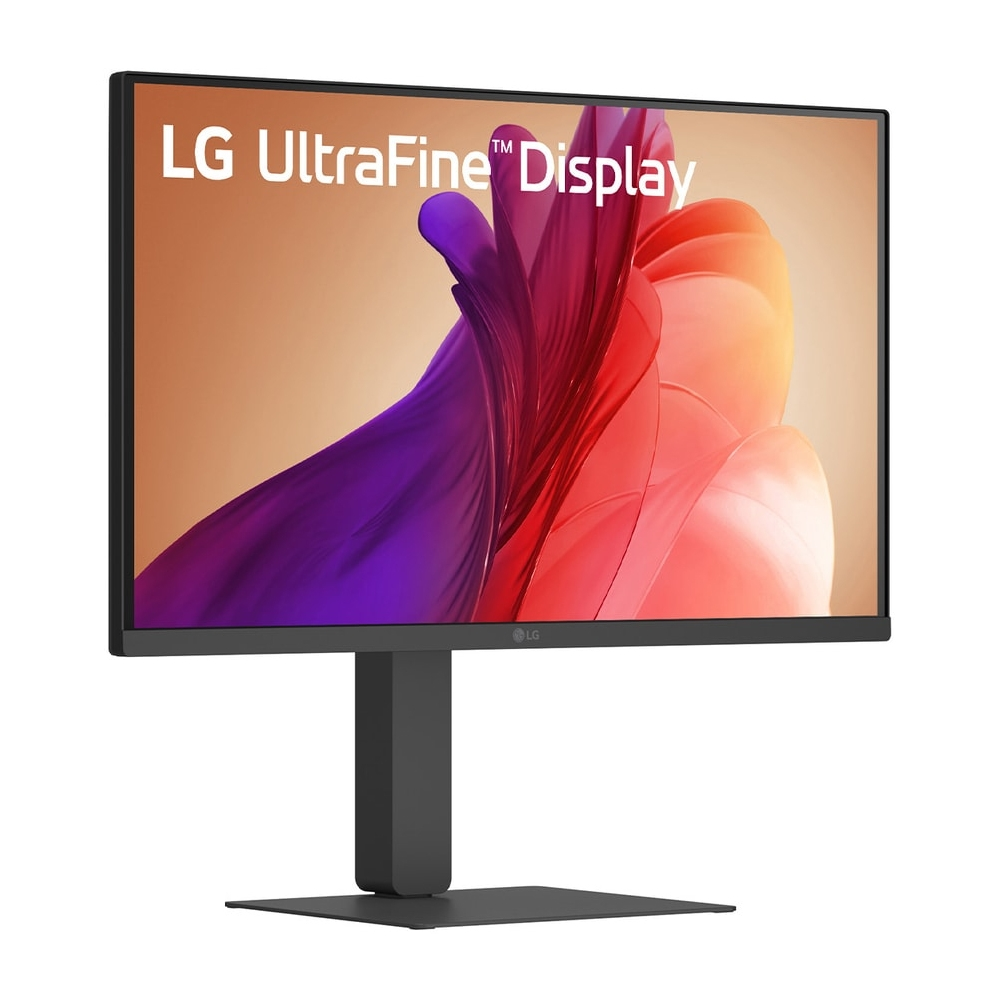 Monitor LG UltraFine Display. Ekran pokazuje abstrakcyjną sztukę w kolorze fioletowym, czerwonym i pomarańczowym. Monitor ma czarną podstawę.