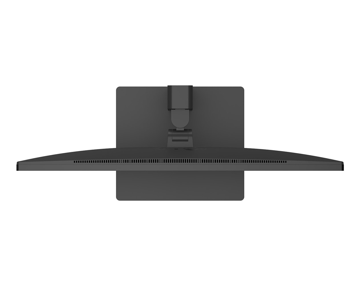 Widok z góry na czarny monitor komputera. Ekran jest cienki i prostokątny. Z tyłu przymocowana jest podstawka.