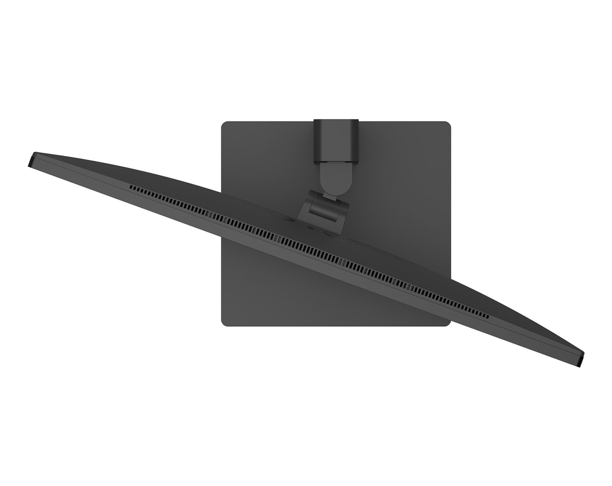 Widok z góry na czarny monitor komputera. Ekran jest ustawiony pod kątem. Stojak jest przymocowany z tyłu.