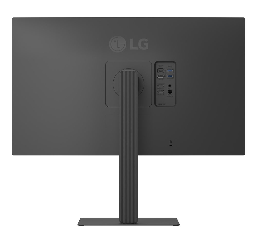 Tył ciemnoszarego monitora LG. Widoczne porty i podstawka. Logo LG znajduje się w lewym górnym rogu.