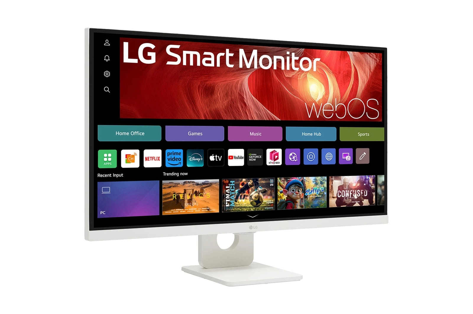 Monitor LG Smart z interfejsem webOS. Wyświetlane aplikacje, np. Netflix, YouTube. Biała podstawa i ramka.
