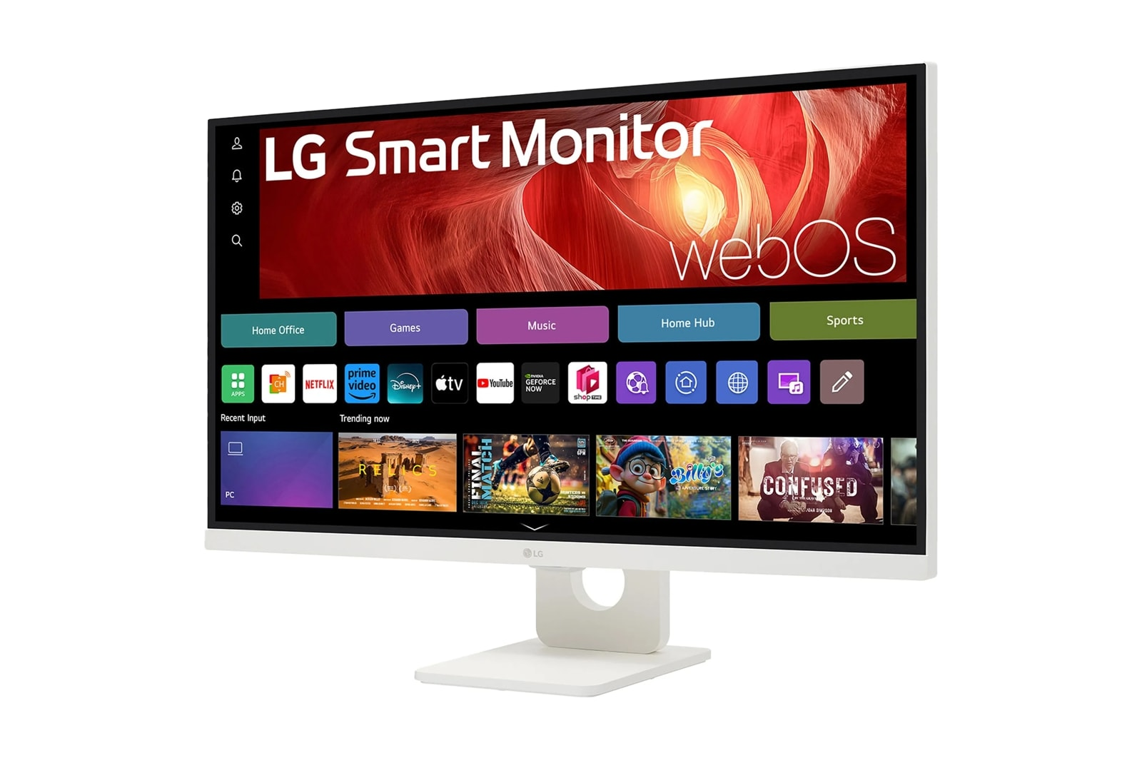 Biały monitor LG Smart wyświetla interfejs webOS z ikonami aplikacji. Na dole widać wybór filmów. Monitor stoi na białym stojaku.