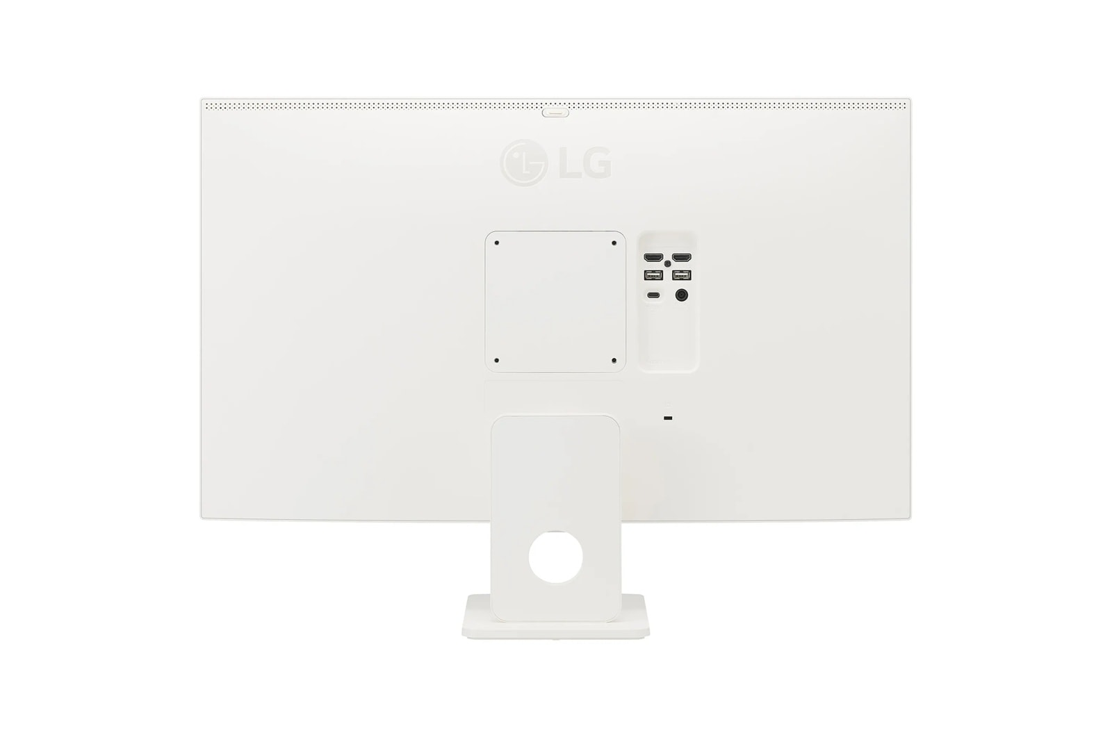 Tył białego monitora LG. Posiada podstawkę, porty i logo LG. Monitor stoi na białej powierzchni.