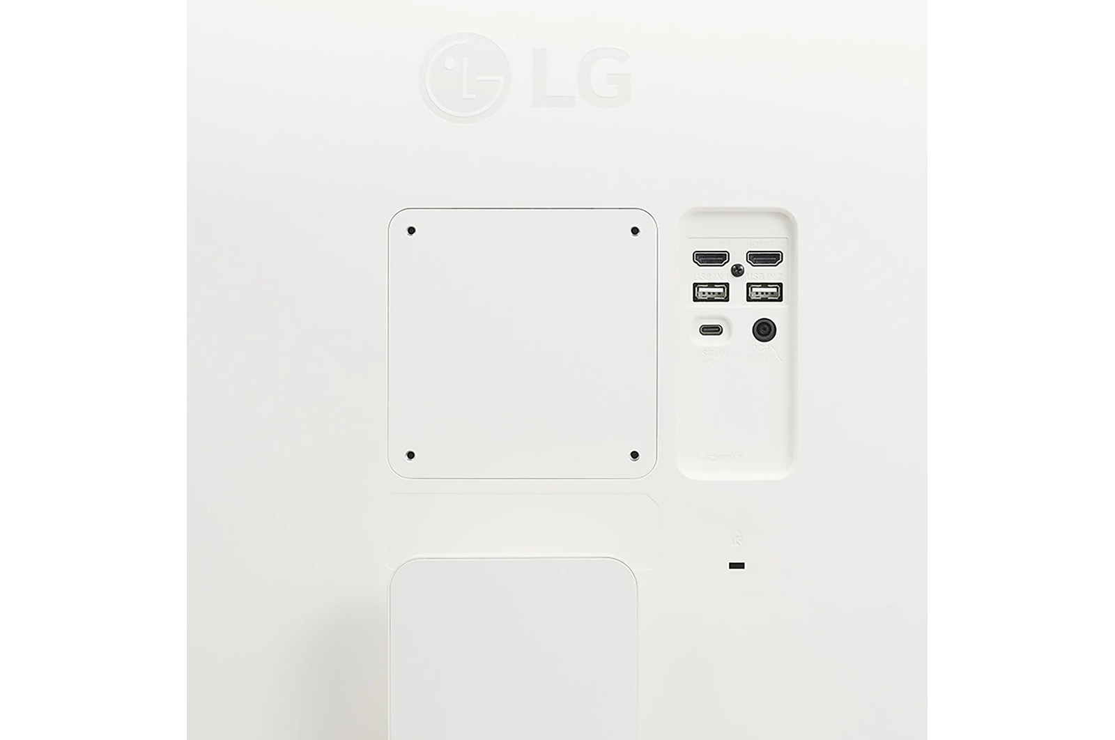 Tył białego monitora LG z portami. Widoczne wejścia HDMI, USB i zasilania.