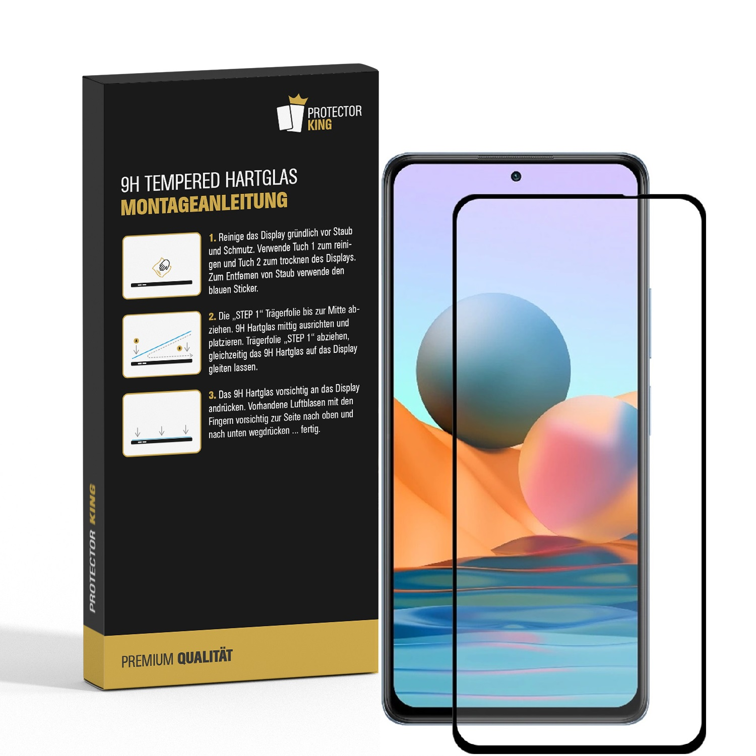 Ein Telefon mit Displayschutz liegt auf einem Tisch. Der Displayschutz ist schwarz. Text und Anweisungen sind links.