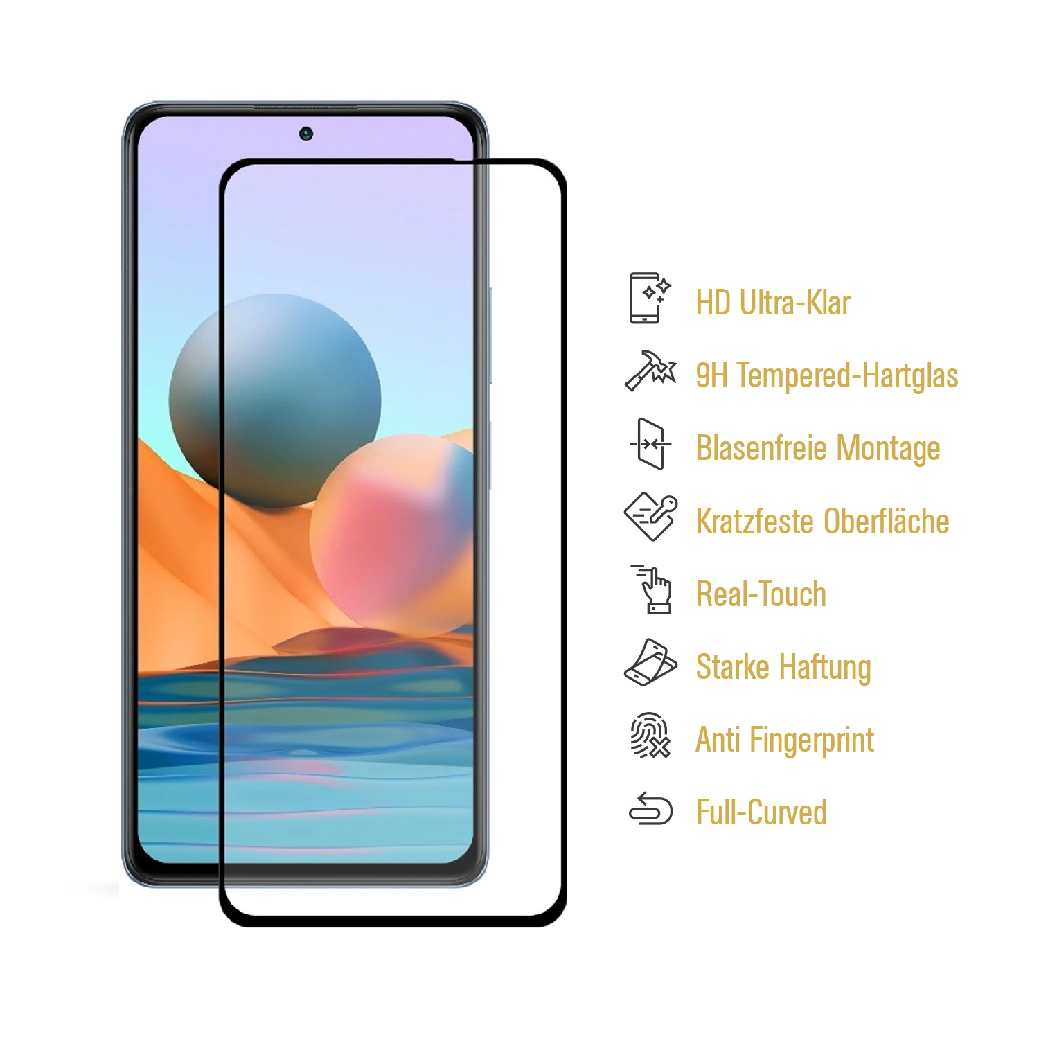 Ein Smartphone mit angebrachtem Displayschutz. Merkmale sind HD-Klarheit, gehärtetes Glas und Anti-Fingerabdruck-Eigenschaften.