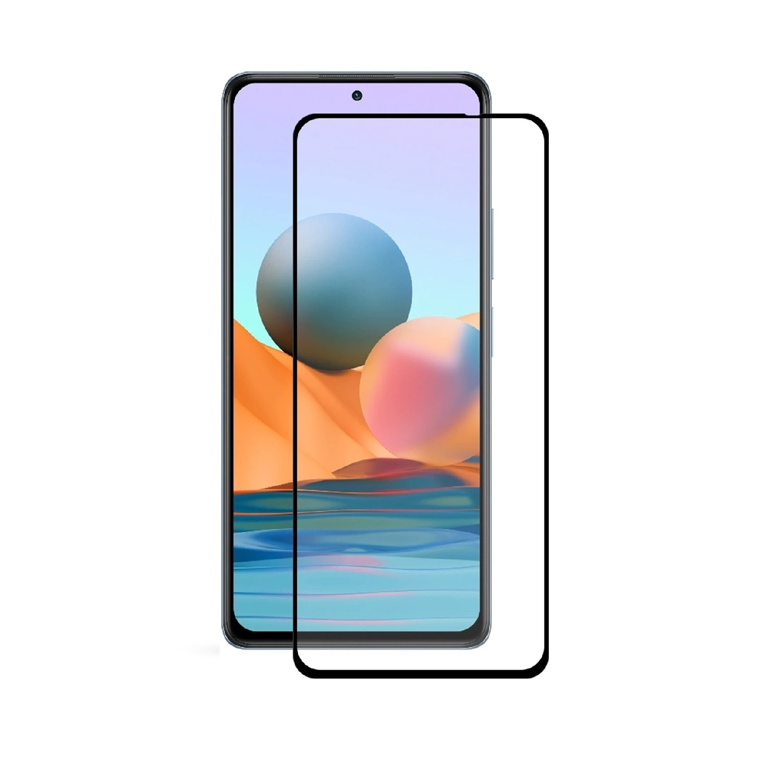 Ein Smartphone mit angebrachtem Displayschutz. Der Bildschirm zeigt abstrakte Kugeln, orange und blaue Farbtöne. Der Schutz hat einen schwarzen Rahmen.