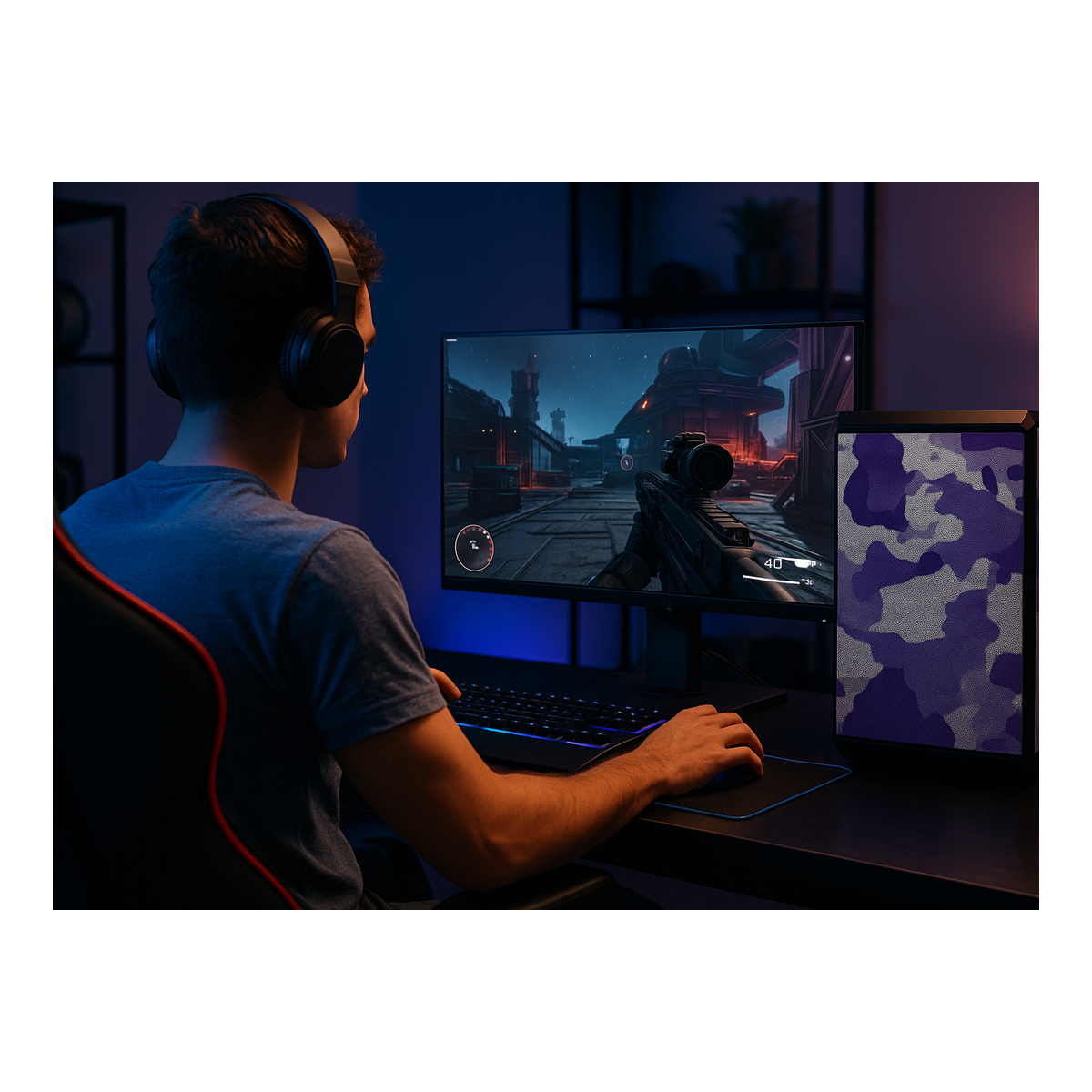 Osoba w słuchawkach gra na komputerze, scena gry jest wyświetlana na monitorze. Obecna jest obudowa komputera z kamuflażem.