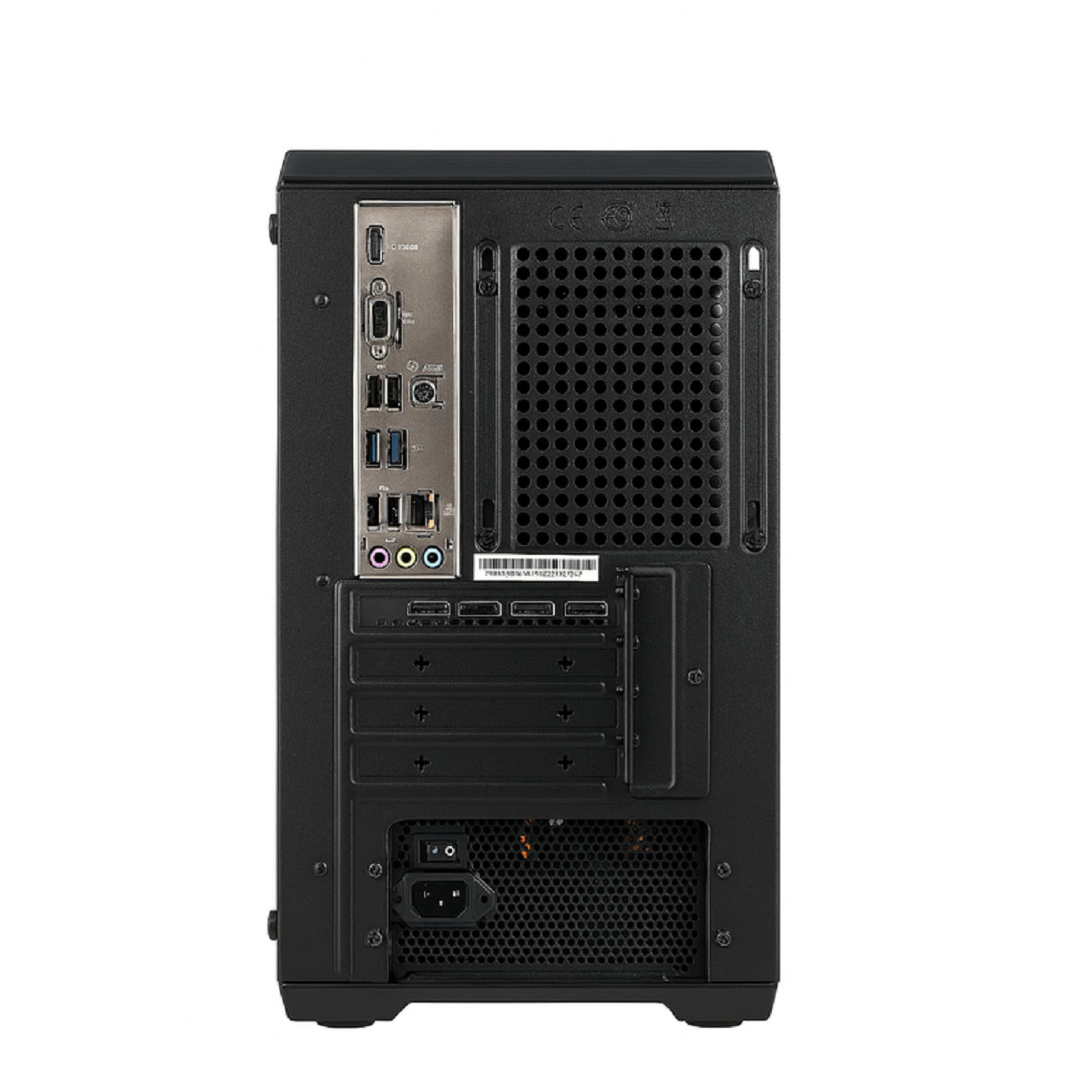 Pokazano tył czarnej obudowy komputera. Ma różne porty i zasilacz. Srebrny panel z portami i kodem kreskowym.
