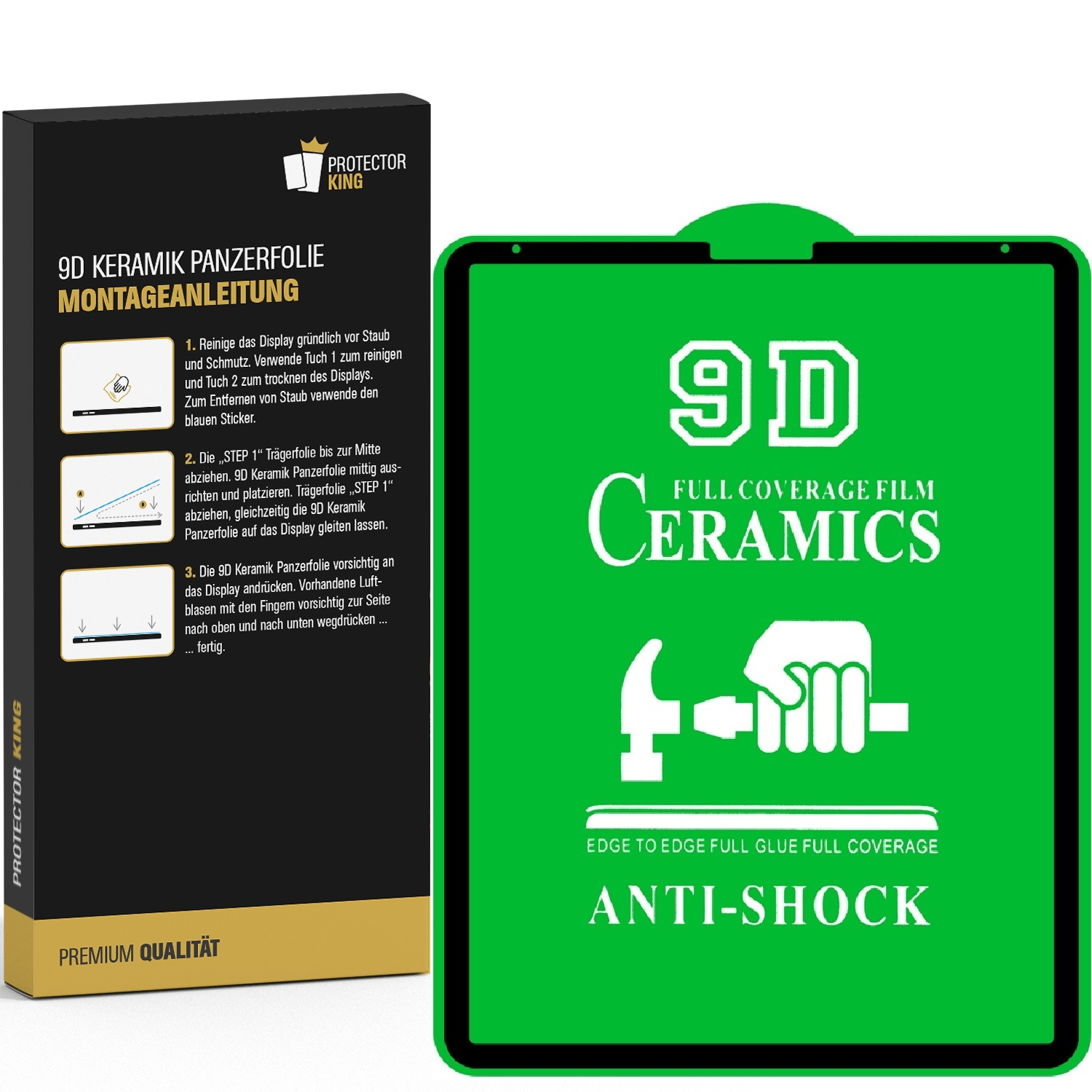 Eine Schachtel mit Displayschutzfolie und Anweisungen. Ein grünes Quadrat zeigt Produktname und Eigenschaften: 9D Ceramics Anti-Shock.